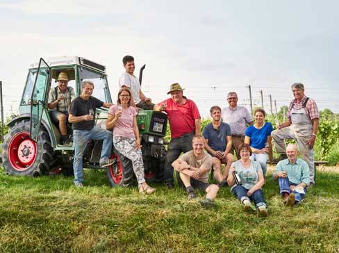 Un groupe de personnes, certaines sur et autour d'un tracteur, dans un vignoble.
