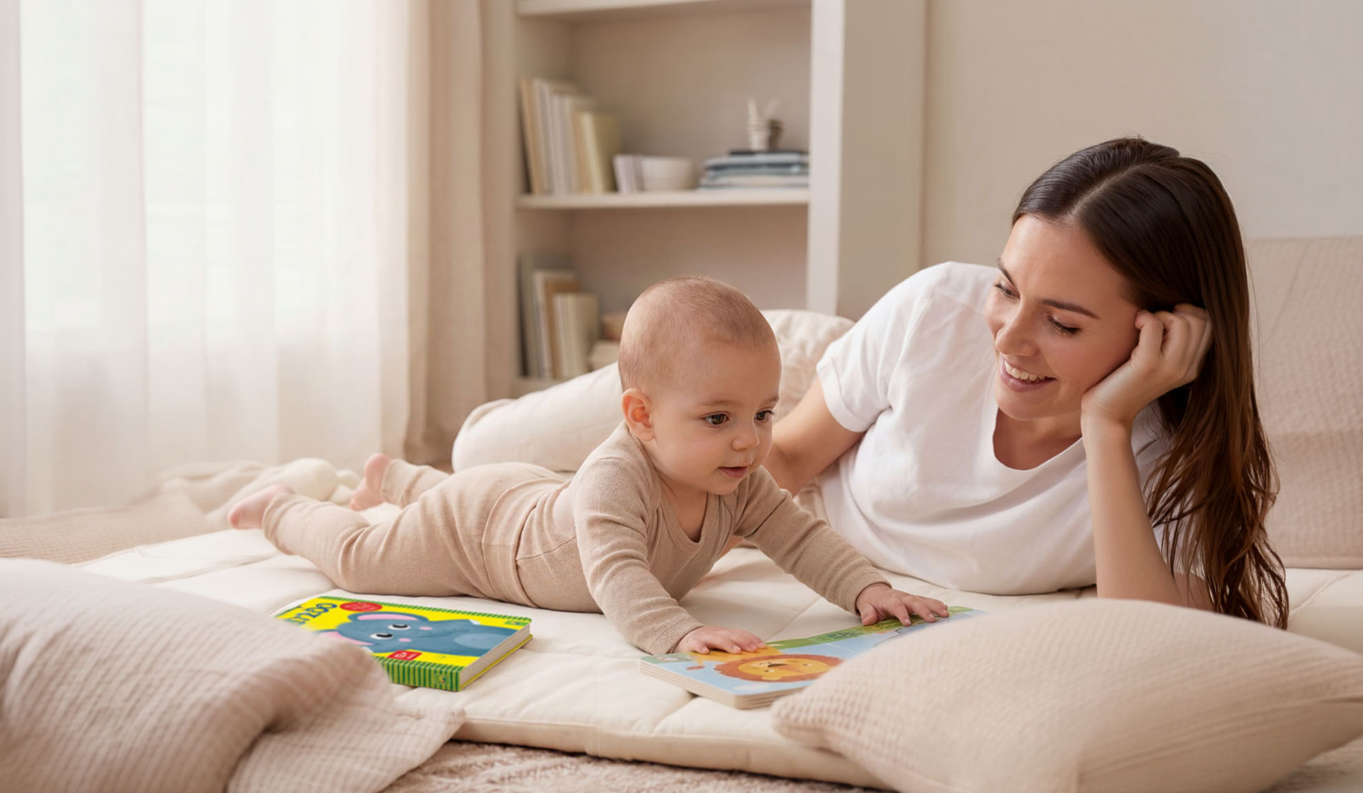 Mère et bébé allongés sur le sol, lisant des livres avec des images d'animaux.