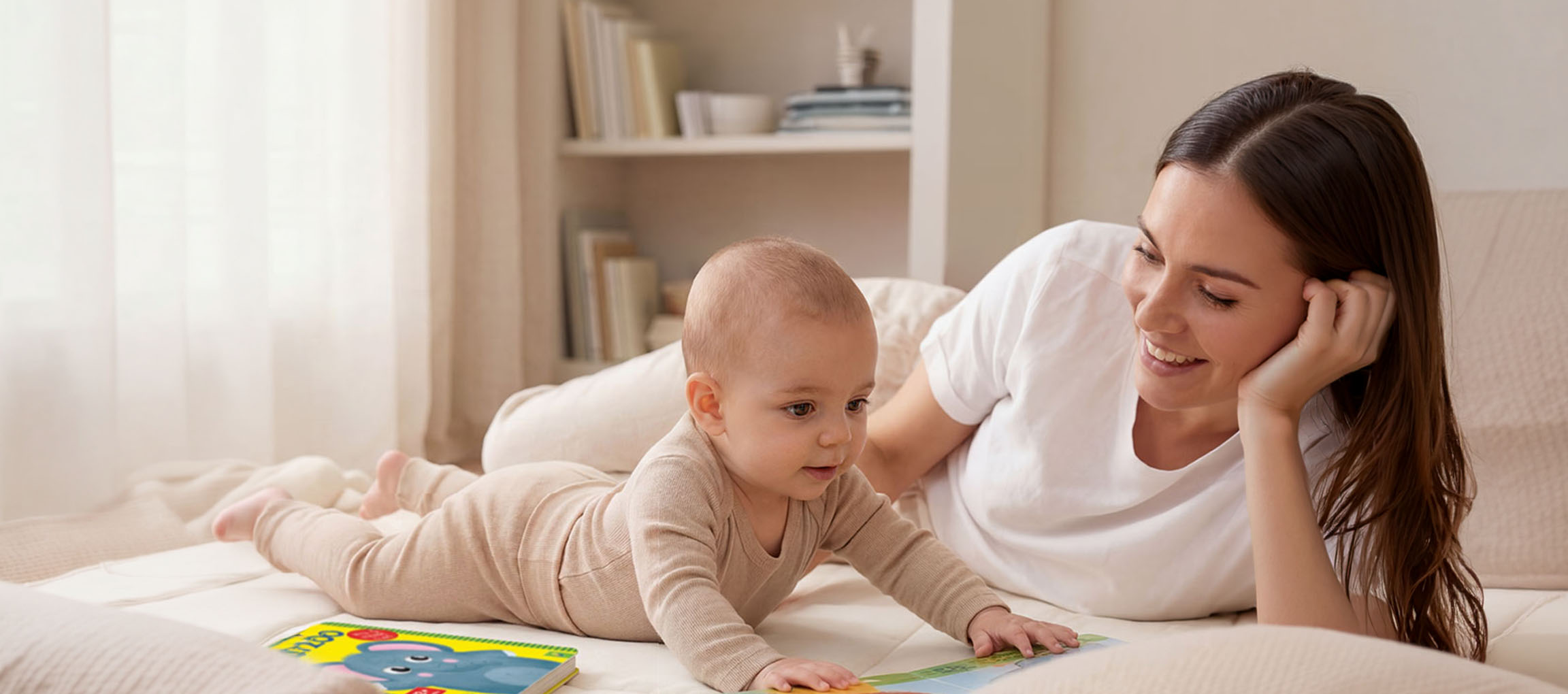 Mère et bébé allongés sur un lit, lisant un livre.