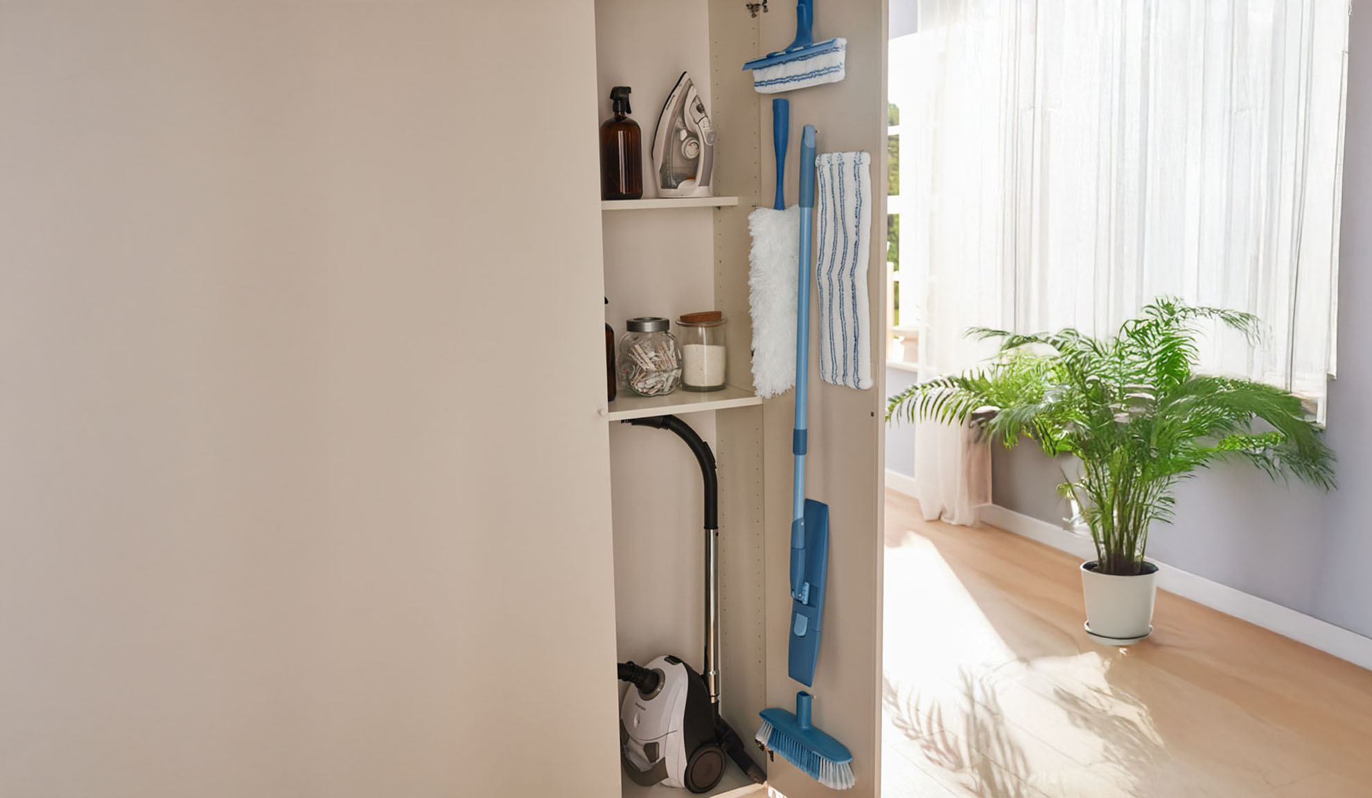 Placard de nettoyage avec aspirateur, fer à repasser, balais et chiffons.