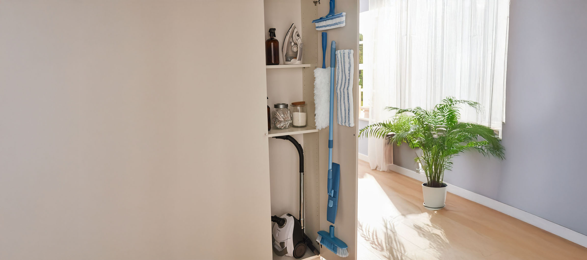 Un placard ouvert avec des produits de nettoyage, dont un aspirateur, un fer à repasser et des balais bleus.