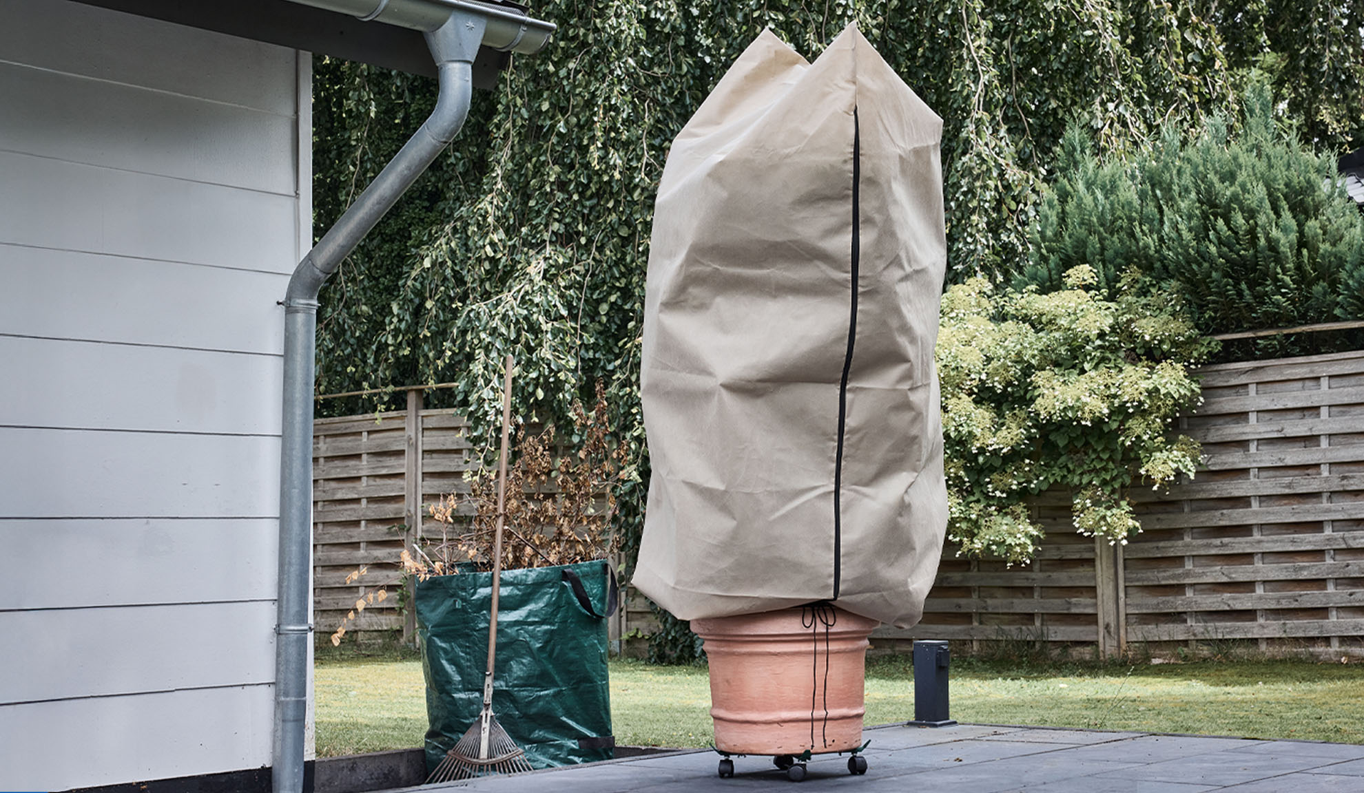 Housse de protection pour plante en pot sur une terrasse avec gouttière et râteau.