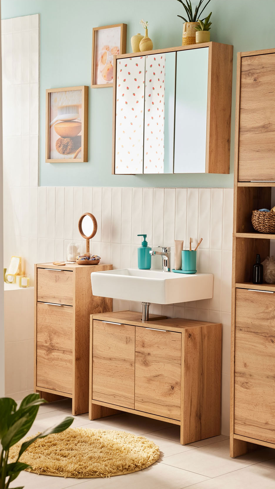 Meubles de salle de bain modernes en bois clair avec lavabo et miroir.