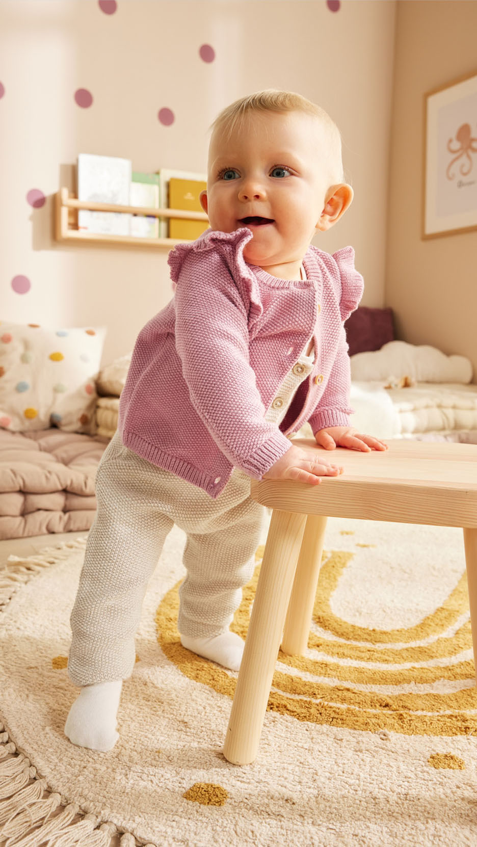 Un petit bébé vêtu d'une robe rose et d'un pantalon crème se lève d'une petite chaise en bois.