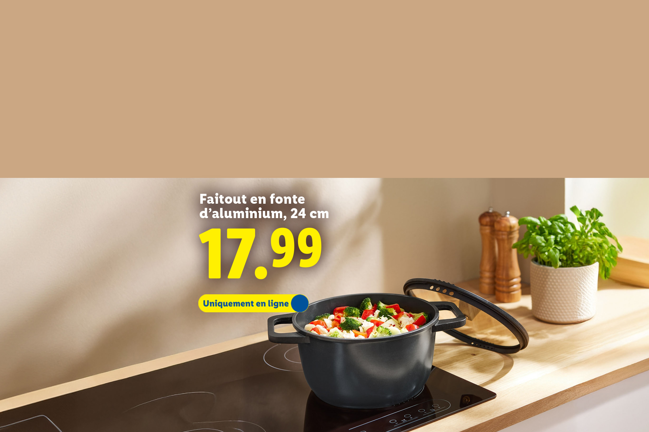 Faitout en fonte d'aluminium de 24 cm avec des légumes, 17,99€, uniquement en ligne.