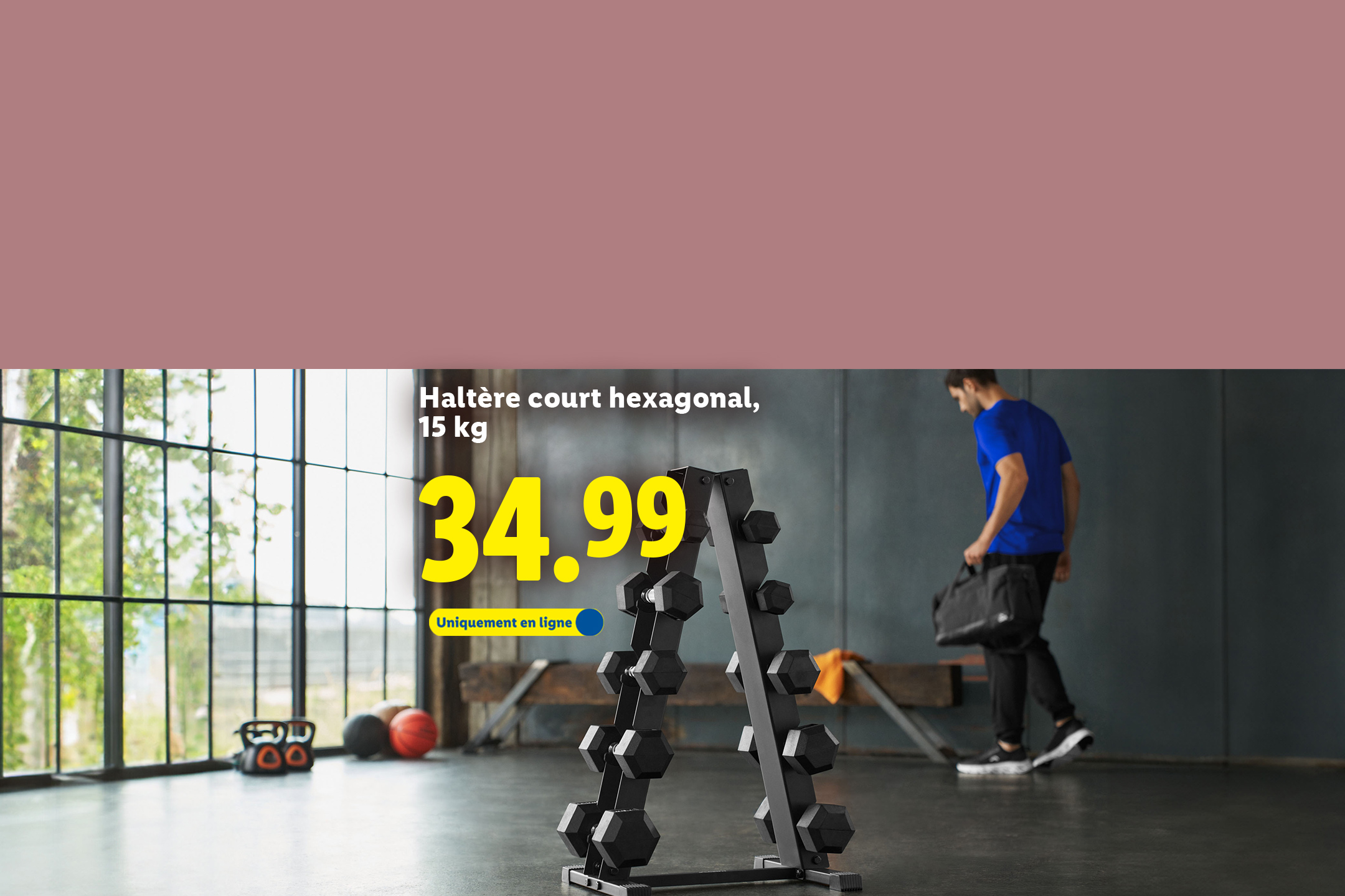Haltère court hexagonal de 15 kg à 34,99 €, disponible en ligne, dans une salle de sport.