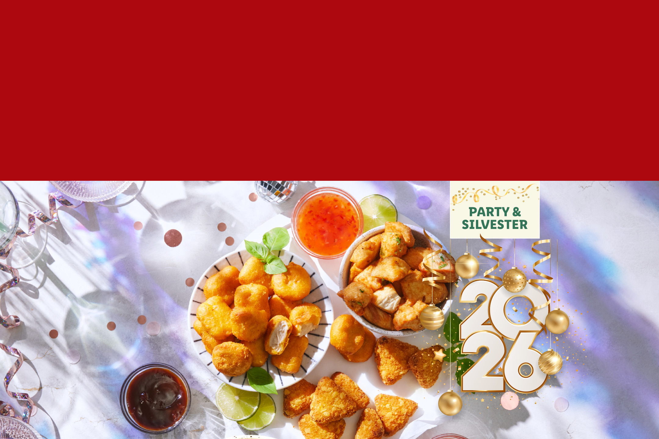 Nuggets de poulet et autres snacks frits pour une fête du Nouvel An 2026.