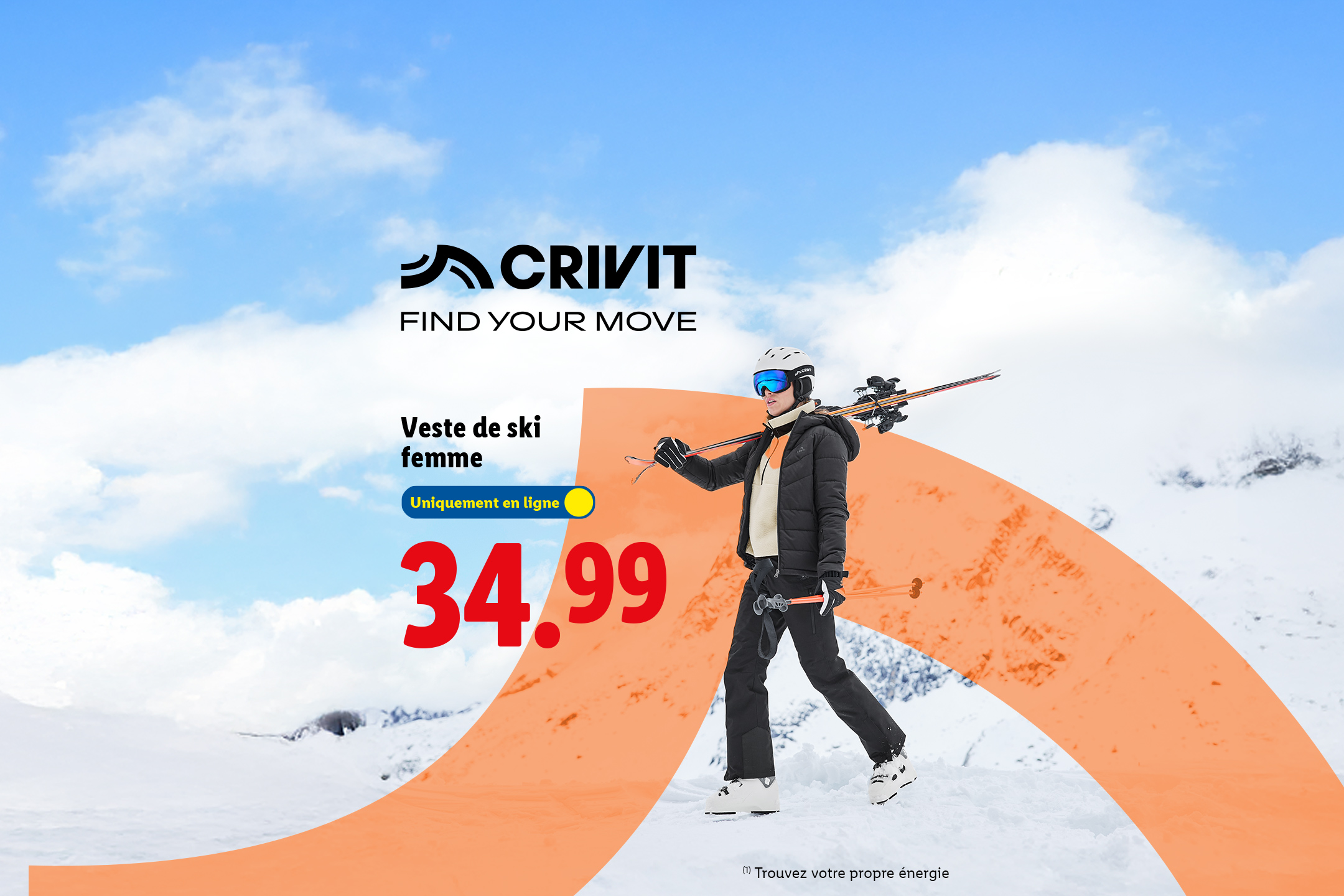 Veste de ski femme Crivit à 34,99€, disponible en ligne, sur fond de montagne enneigée.