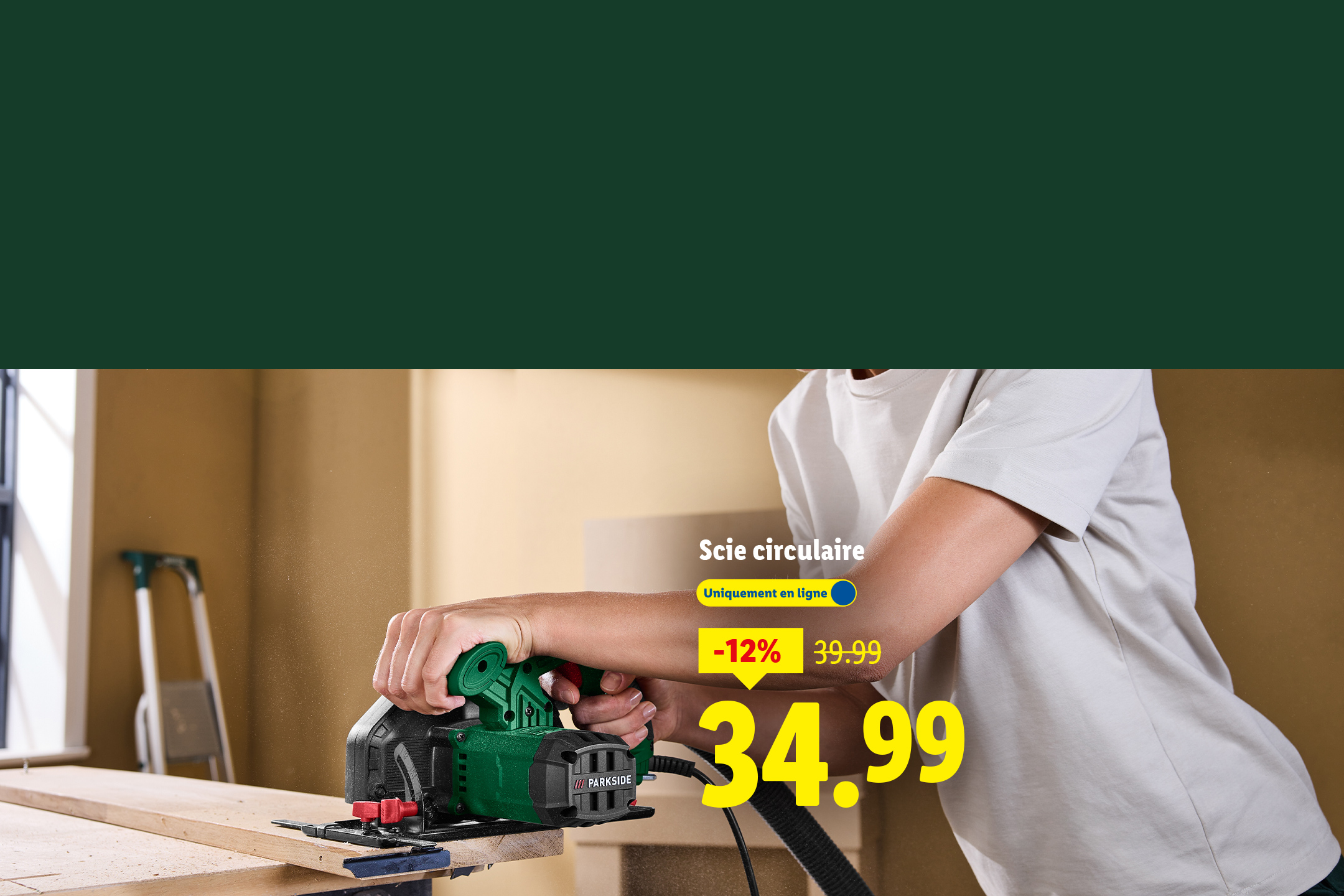 Scie circulaire Parkside en action, avec une réduction de 12% à 34,99€.