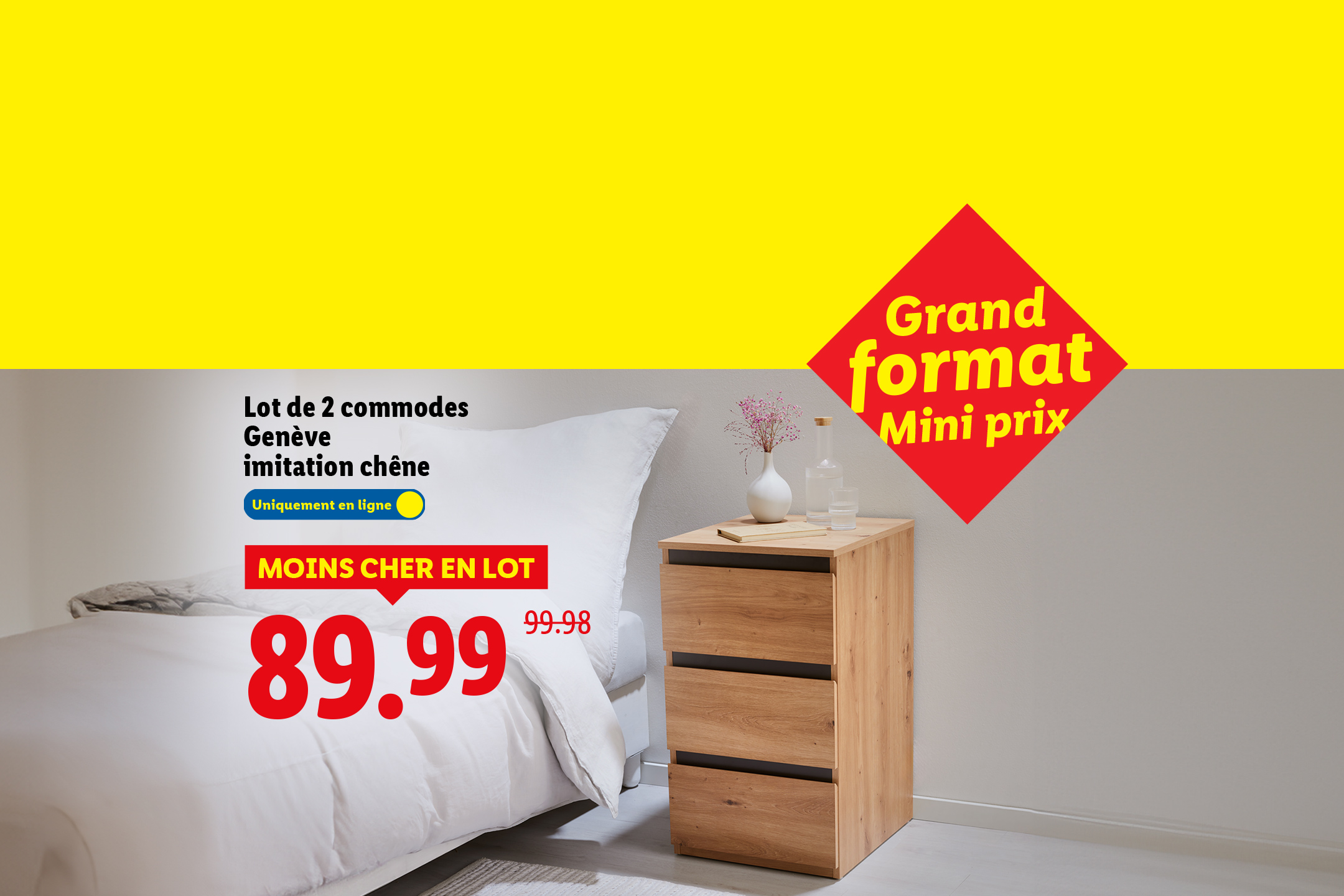 Lot de 2 commodes imitation chêne, avec un prix promotionnel de 89.99.