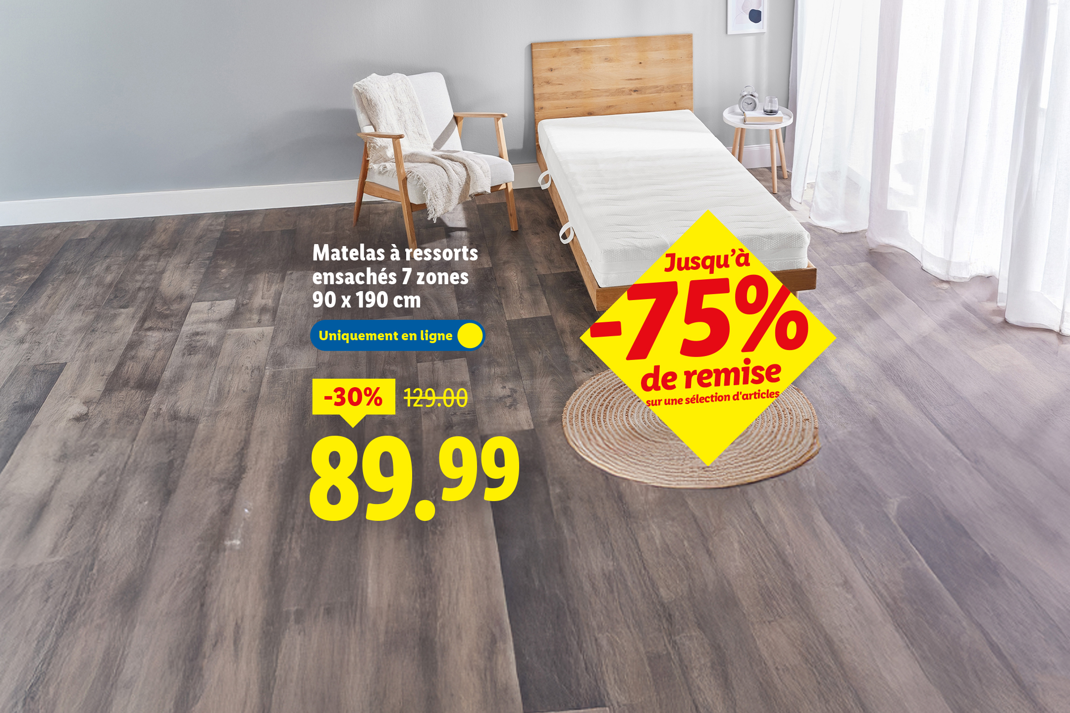 Matelas à ressorts ensachés 7 zones 90x190 cm, 89.99€, avec jusqu'à -75% de remise.