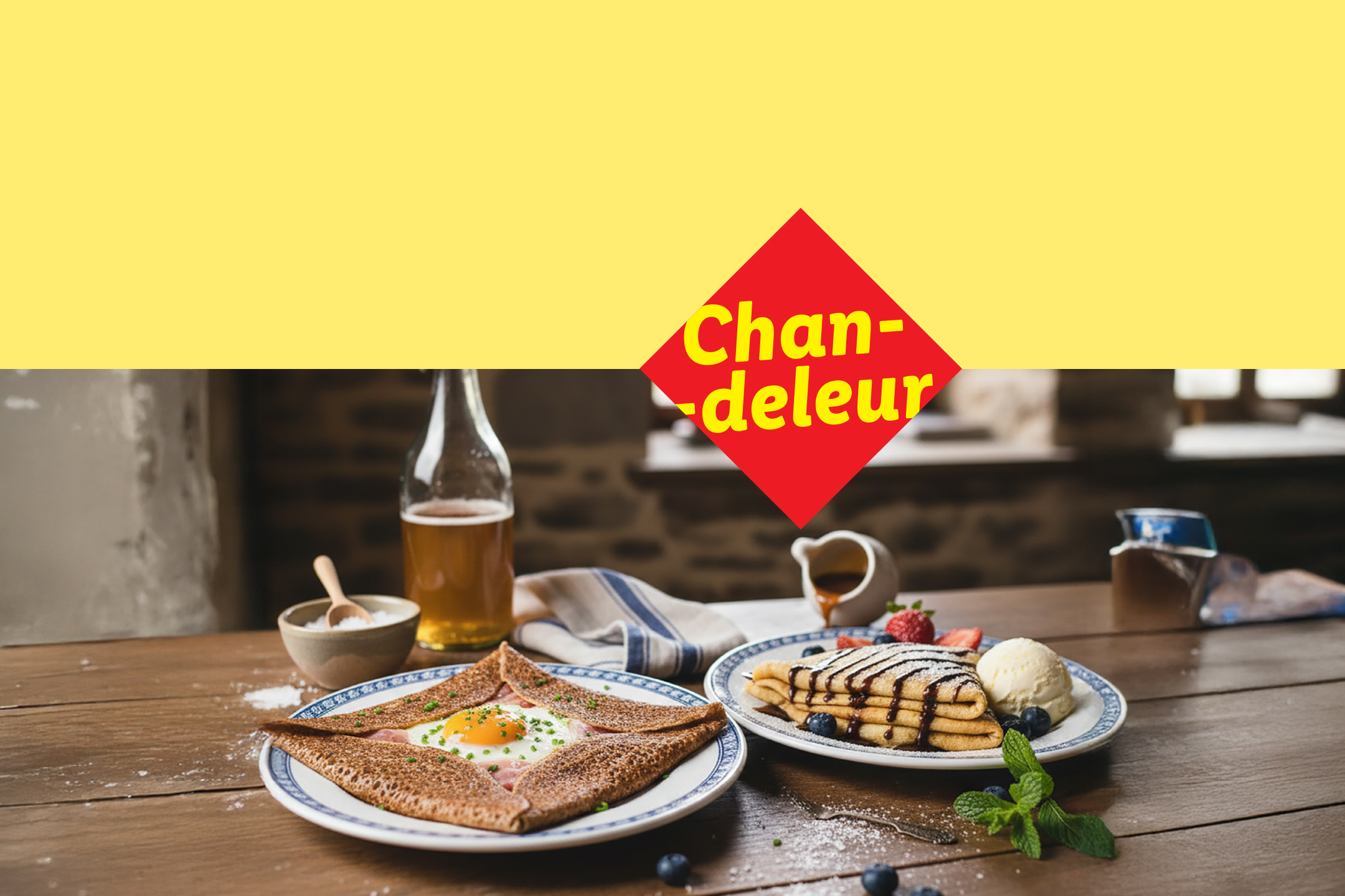 Crêpes salées et sucrées sur une table en bois avec le texte 'Chandeleur'.