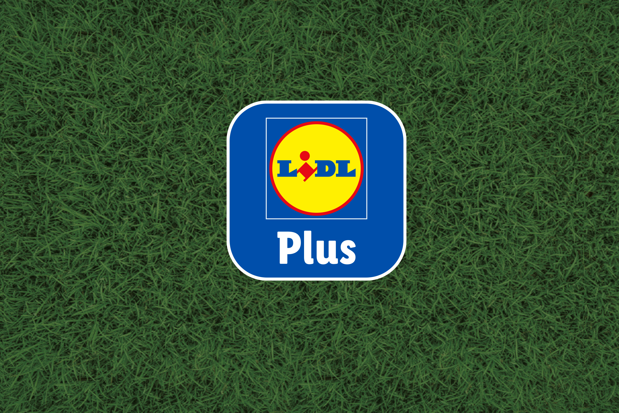 Logo de l'application Plus sur un fond d'herbe verte.