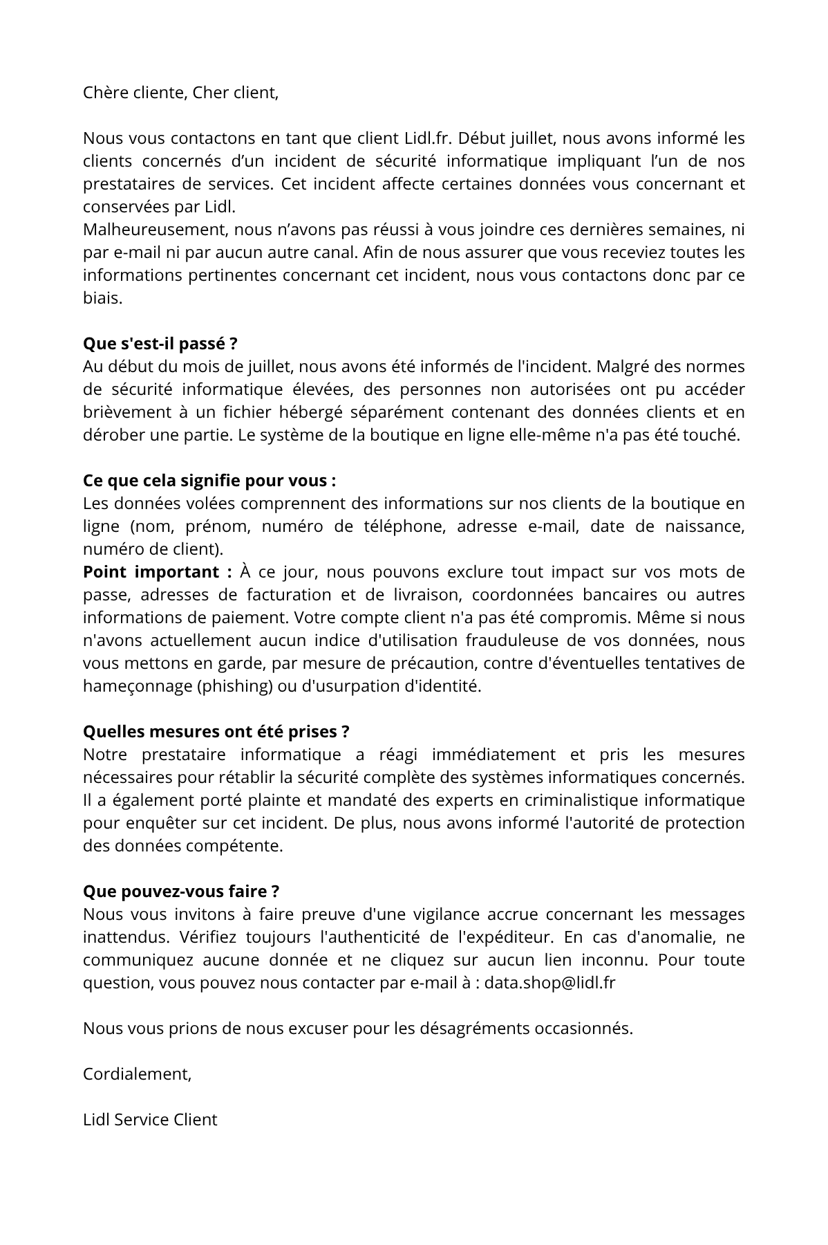 Lettre de Lidl informant les clients d'un incident de sécurité des données.