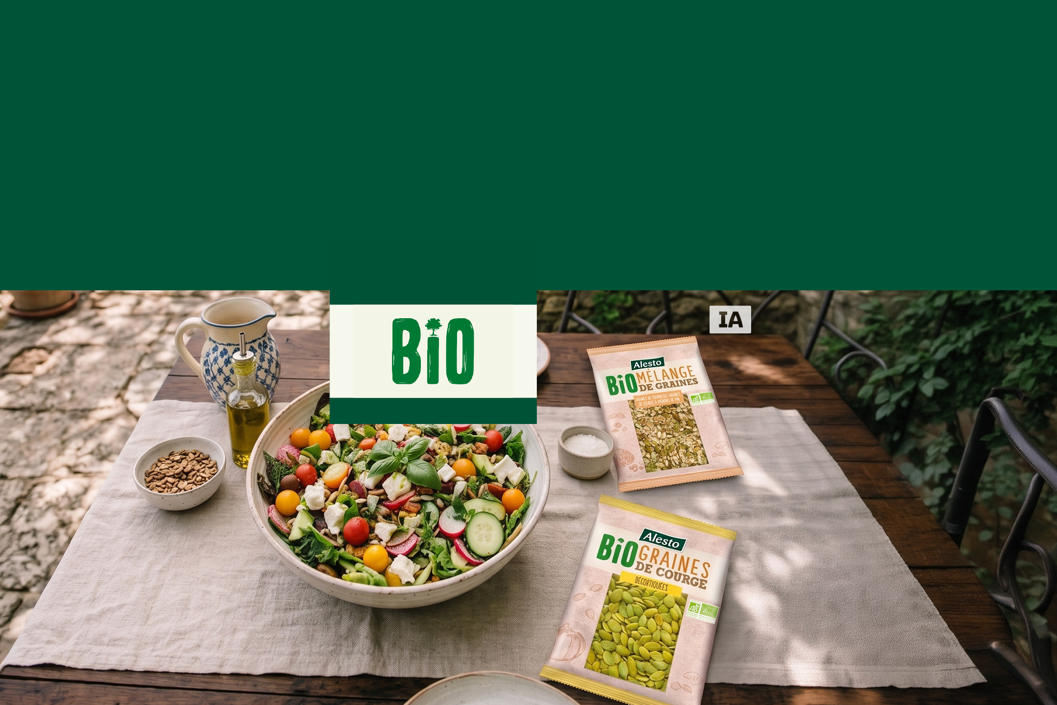 Salade fraîche avec des sachets de graines bio sur une table en bois.