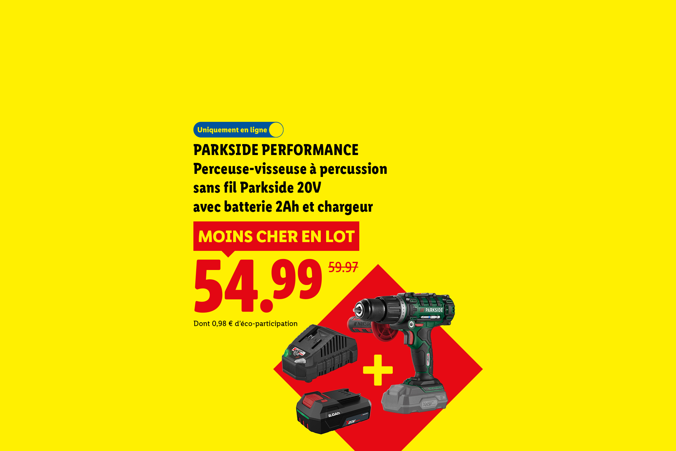 Perceuse-visseuse à percussion sans fil 20V avec batterie et chargeur à 54,99 €