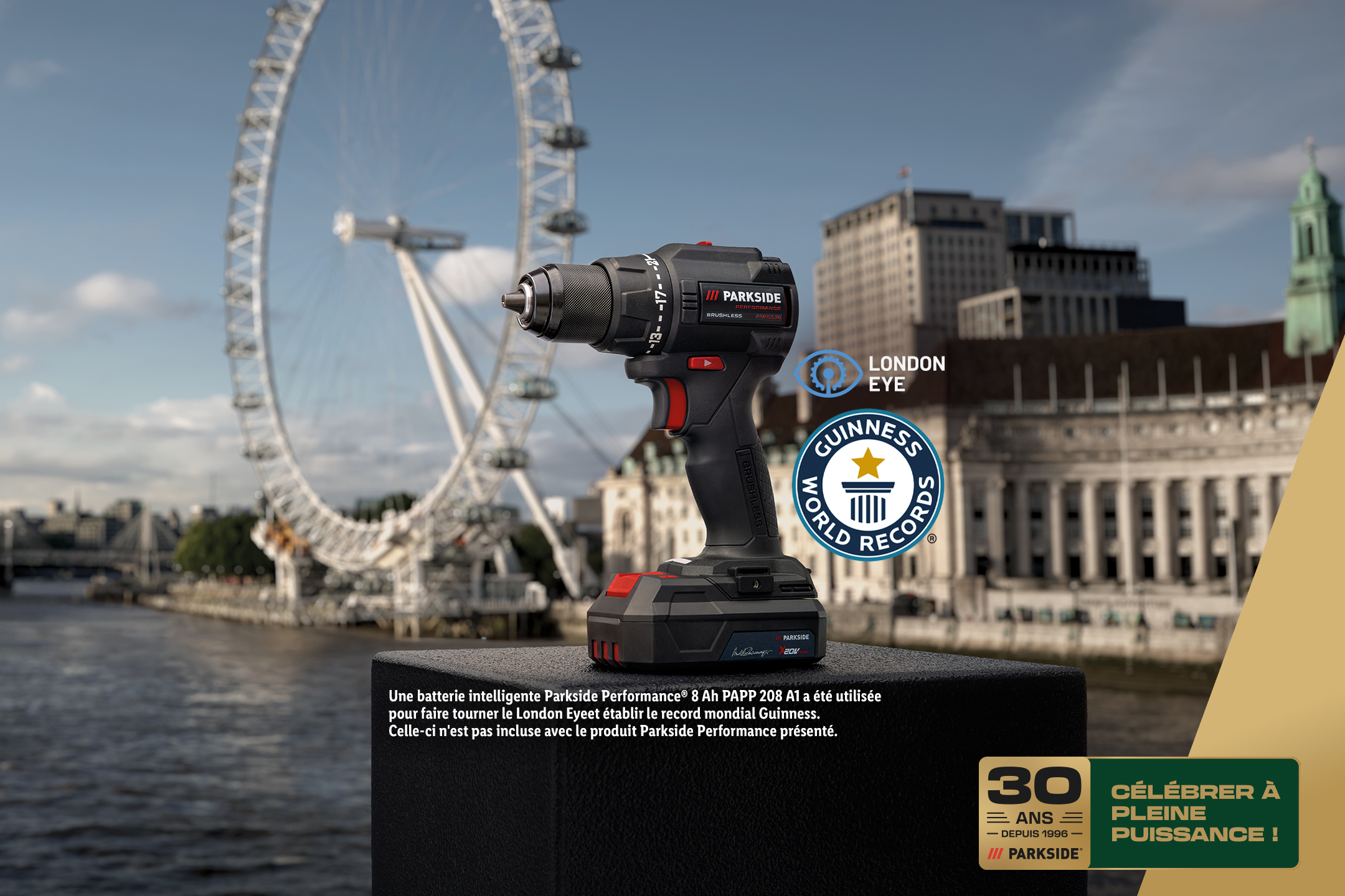 La perceuse-visseuse Parkside Performance, qui a fait tourner le London Eye et établi le record du mondial Guinness. 30 ans Parkside depuis 1996, célébrer à pleine puissance !