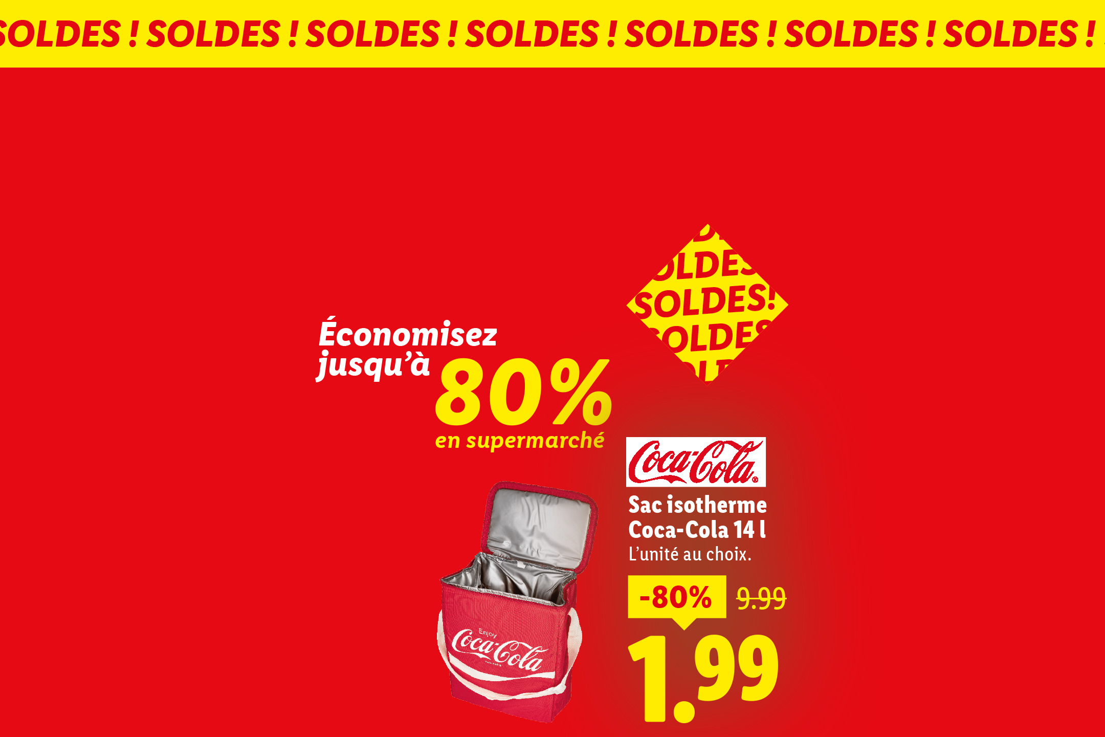Publicité pour un sac isotherme Coca-Cola de 14 L en promotion à 1,99 €.