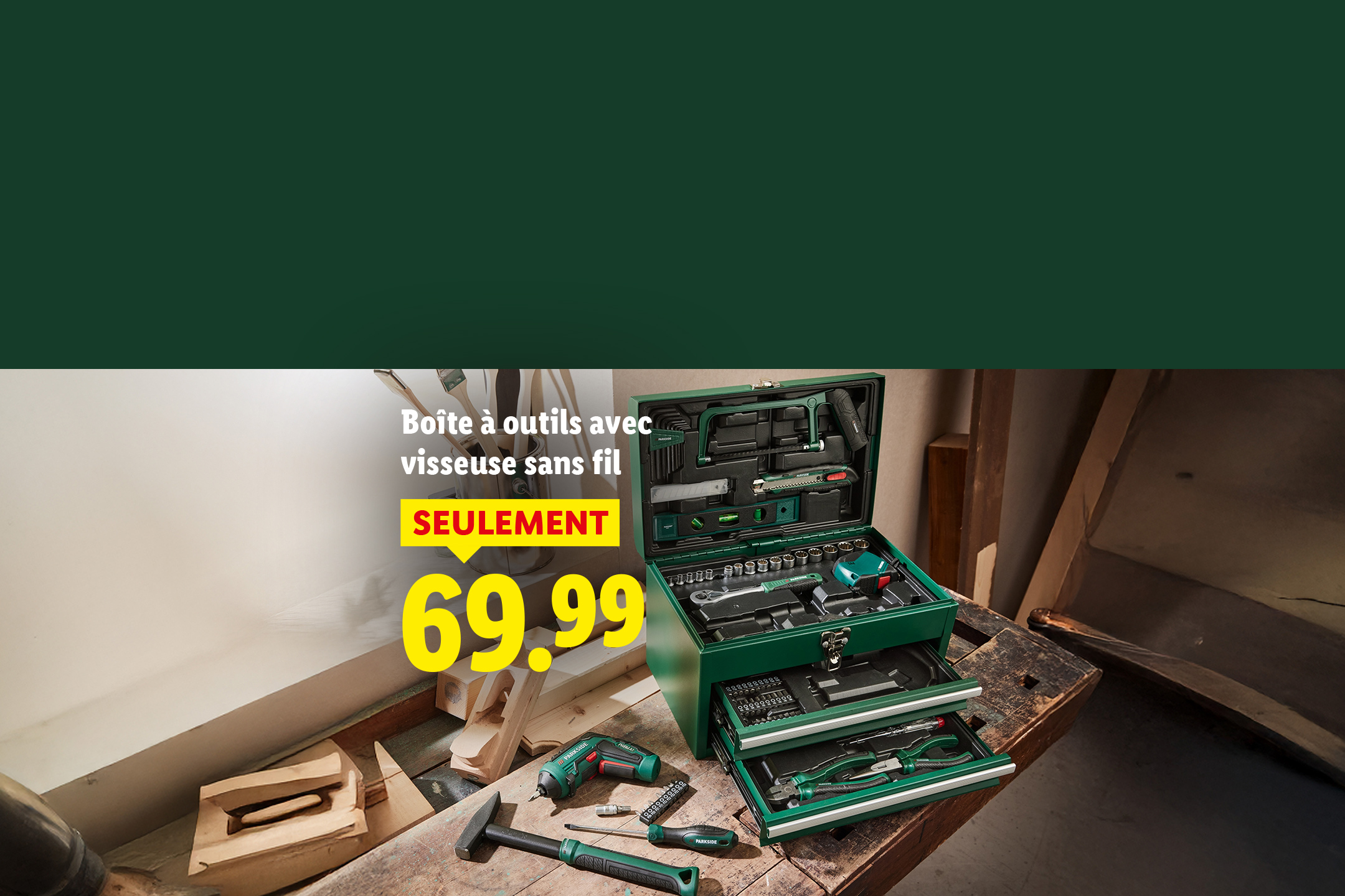 Boîte à outils avec visseuse sans fil, seulement 69.99€
