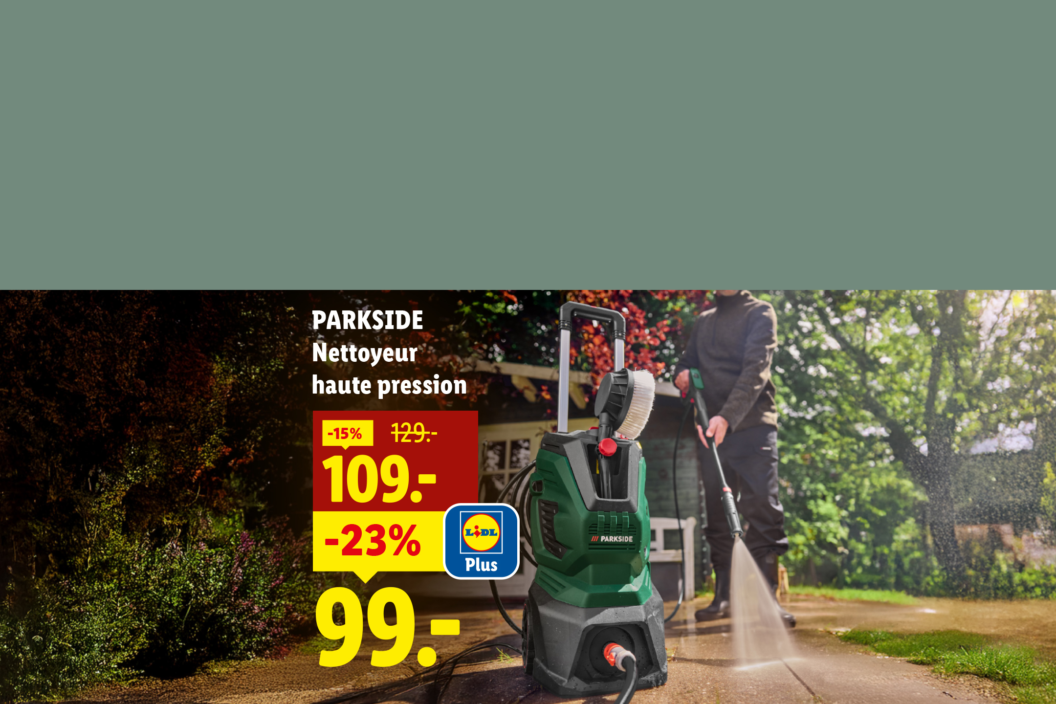 Un nettoyeur haute pression en action, avec des réductions de prix affichées.