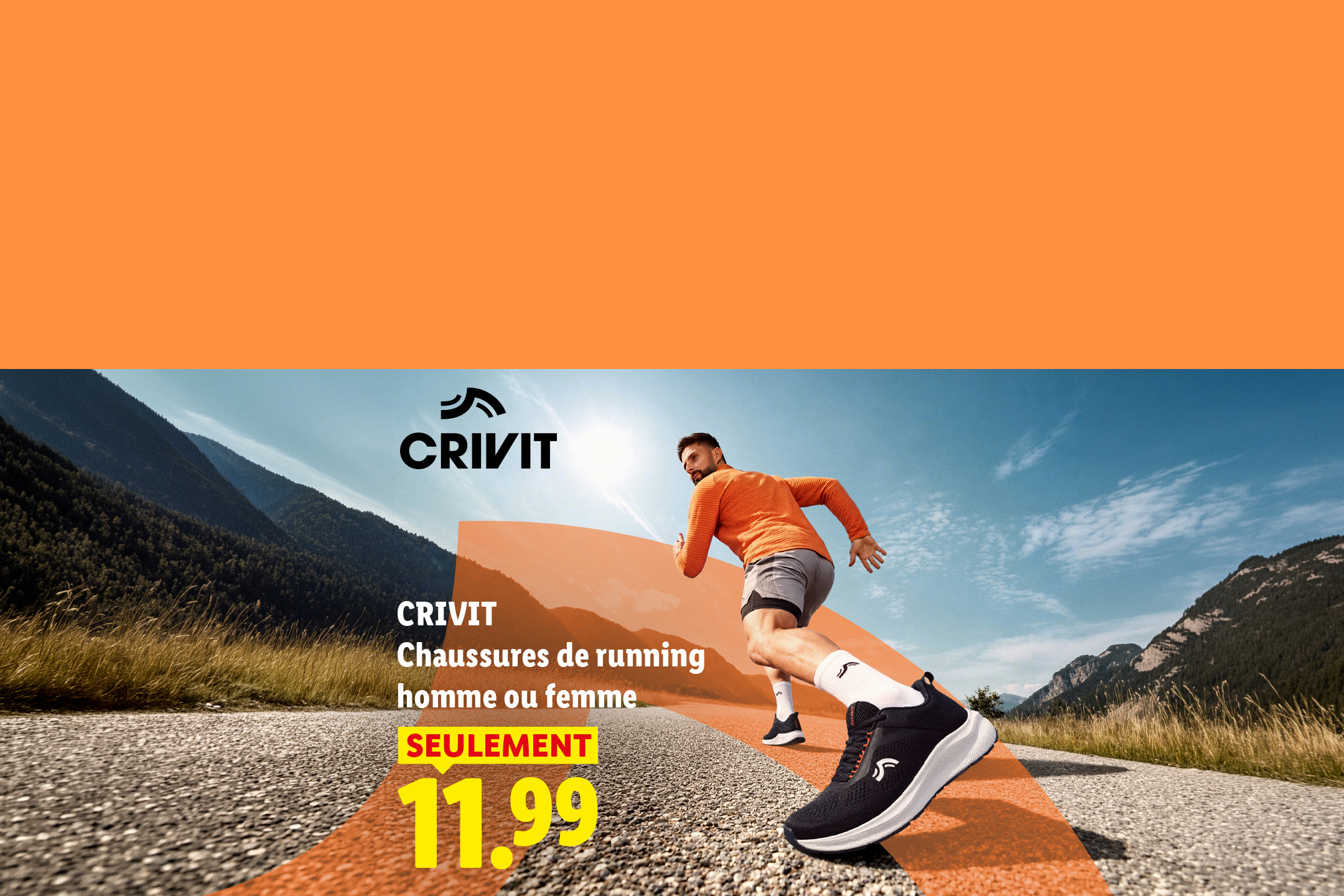 Chaussures de running pour homme ou femme à 11,99 € sur une route de montagne.
