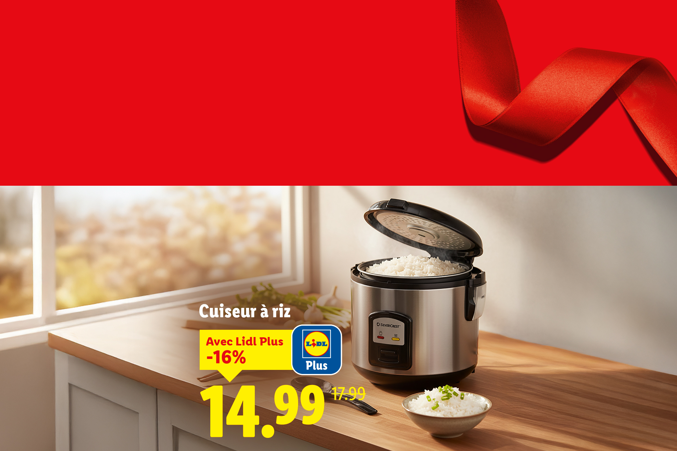 Cuiseur à riz SilverCrest avec riz cuit, prix Lidl Plus 14.99€ (-16%)