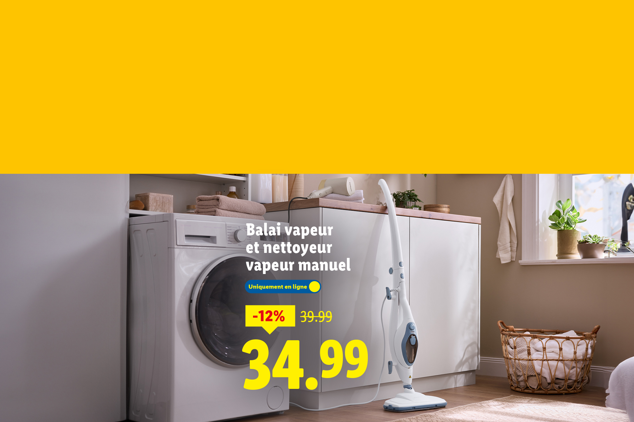 Balai vapeur et nettoyeur vapeur manuel en promotion à 34.99€ dans une buanderie.