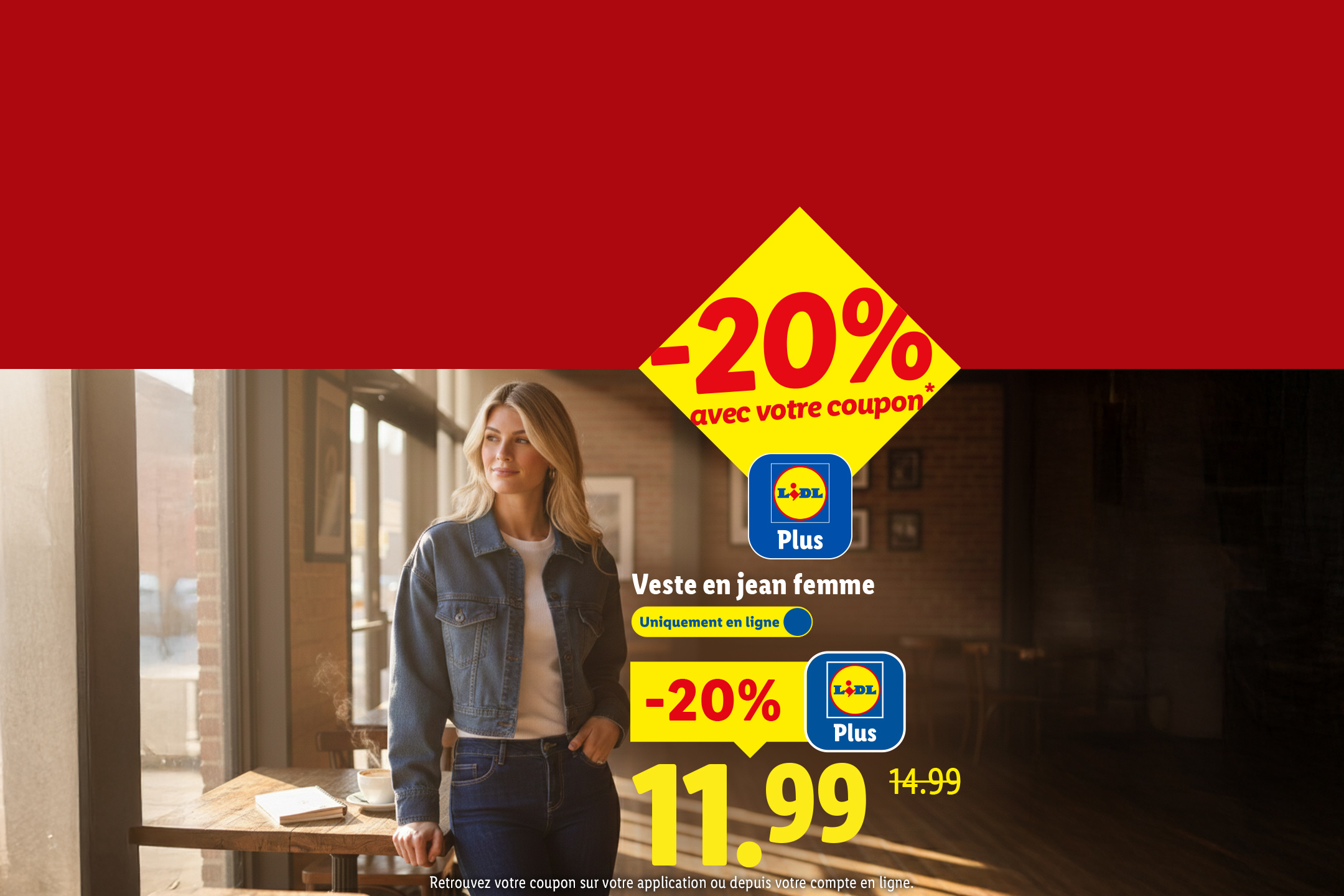 Une femme portant une veste en jean, avec une offre de -20% sur le prix de 11,99 €.