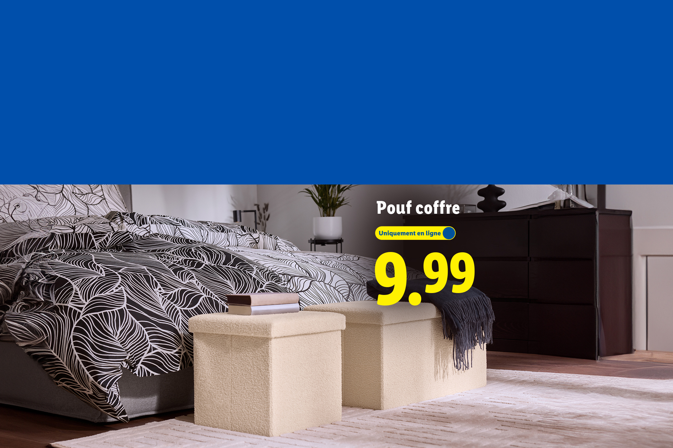 Deux poufs coffres beiges dans une chambre, avec un prix de 9,99 €.