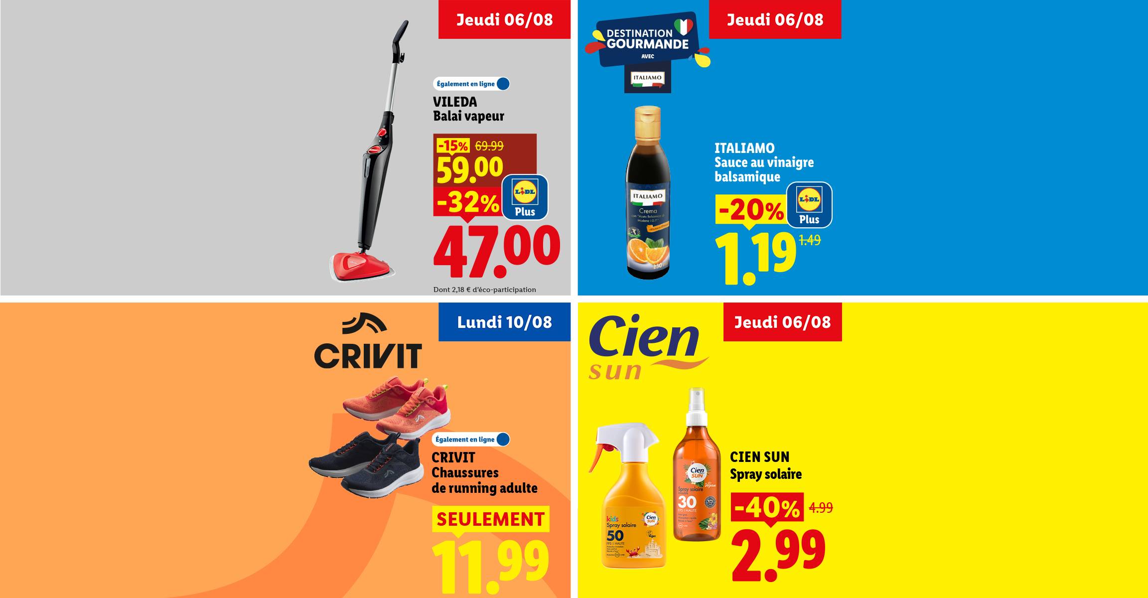 Balai vapeur, sauce au vinaigre balsamique, chaussures de running adulte et spray solaire