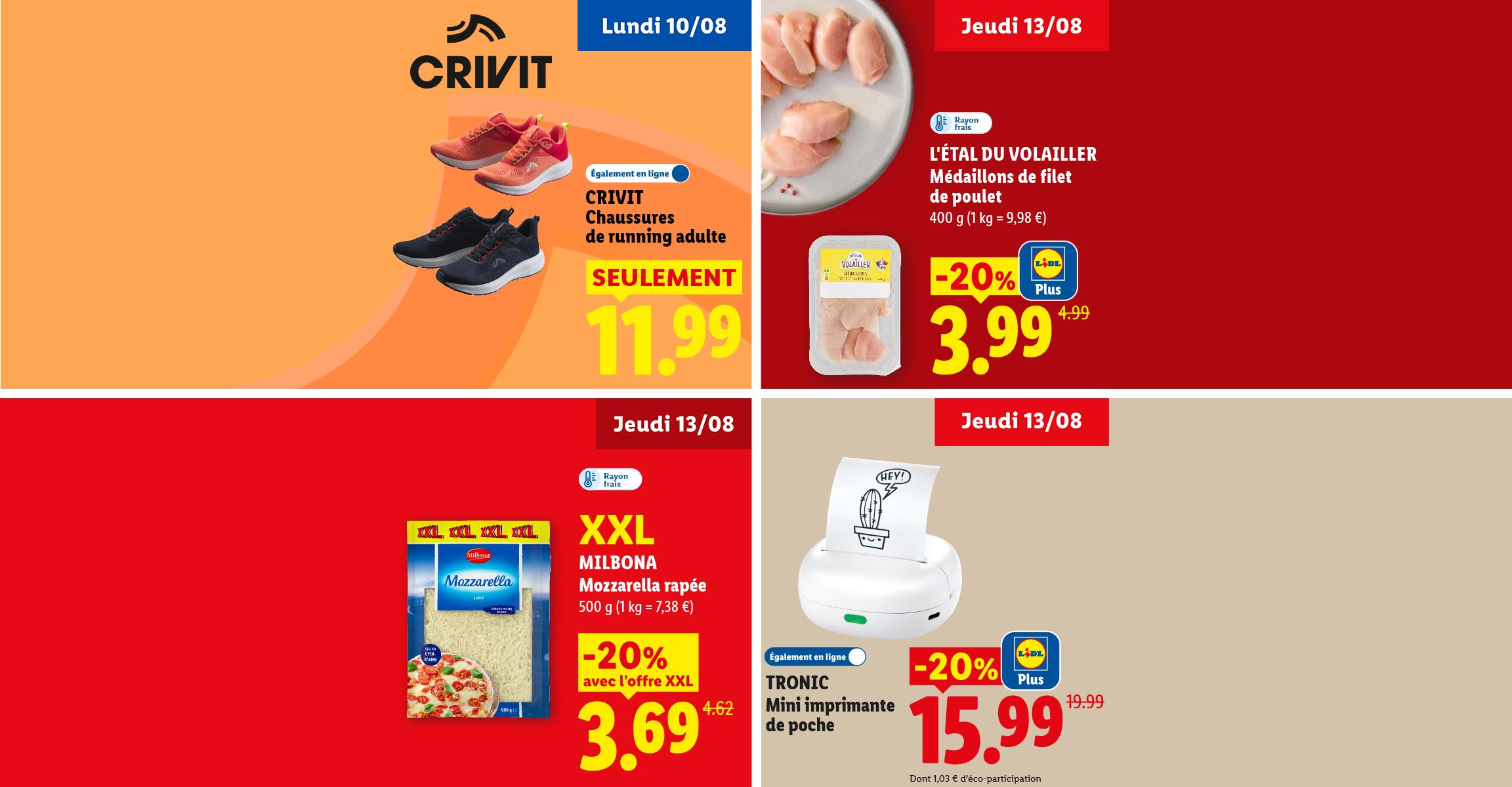 Des chaussures de running adulte, des médaillons de filet de poulet, de la mozzarella râpée et une mini imprimante de poche