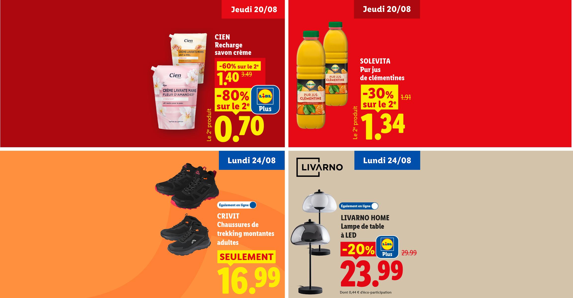 Recharge de savon crème, du pur jus de clémentine, Chaussures de trekking montantes adultes et une lampe de table à LED