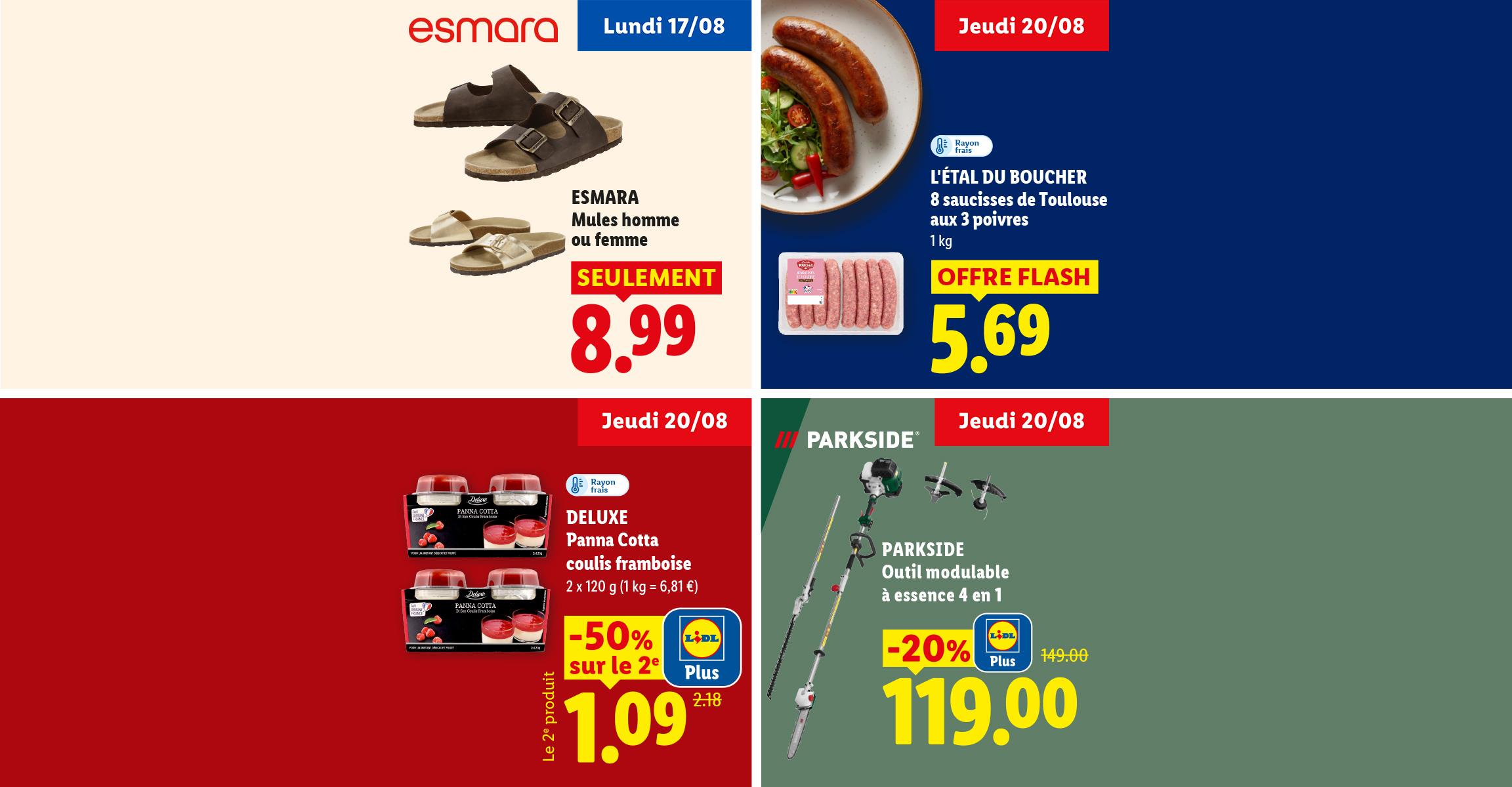 Mules homme ou femme, 8 saucisses de Toulouse aux 3 poivres, panna cotta filet framboise et outil modulable à essence 4 en 1