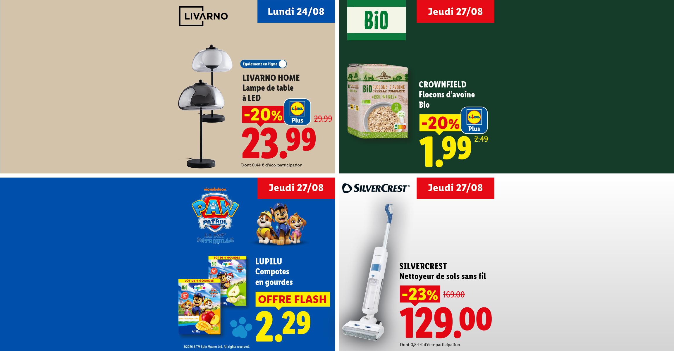 Une lampe de table à LED, des flocons d'avoine bio, des compotes en gourde et un nettoyeur de sols sans fil