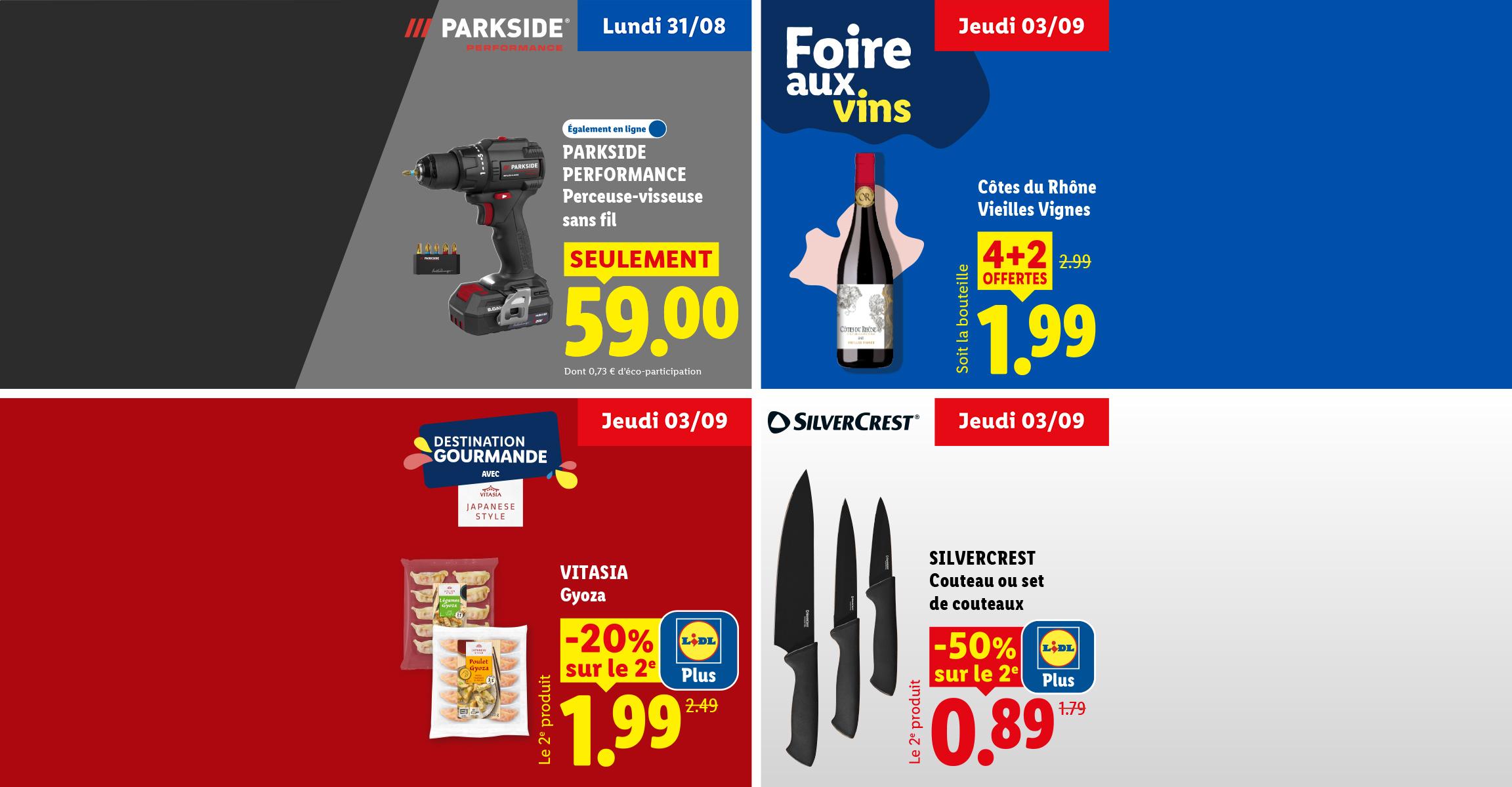 Une perceuse-visseuse sans fil, une bouteille de vin rouge, des gyozas et des couteaux de cuisine.