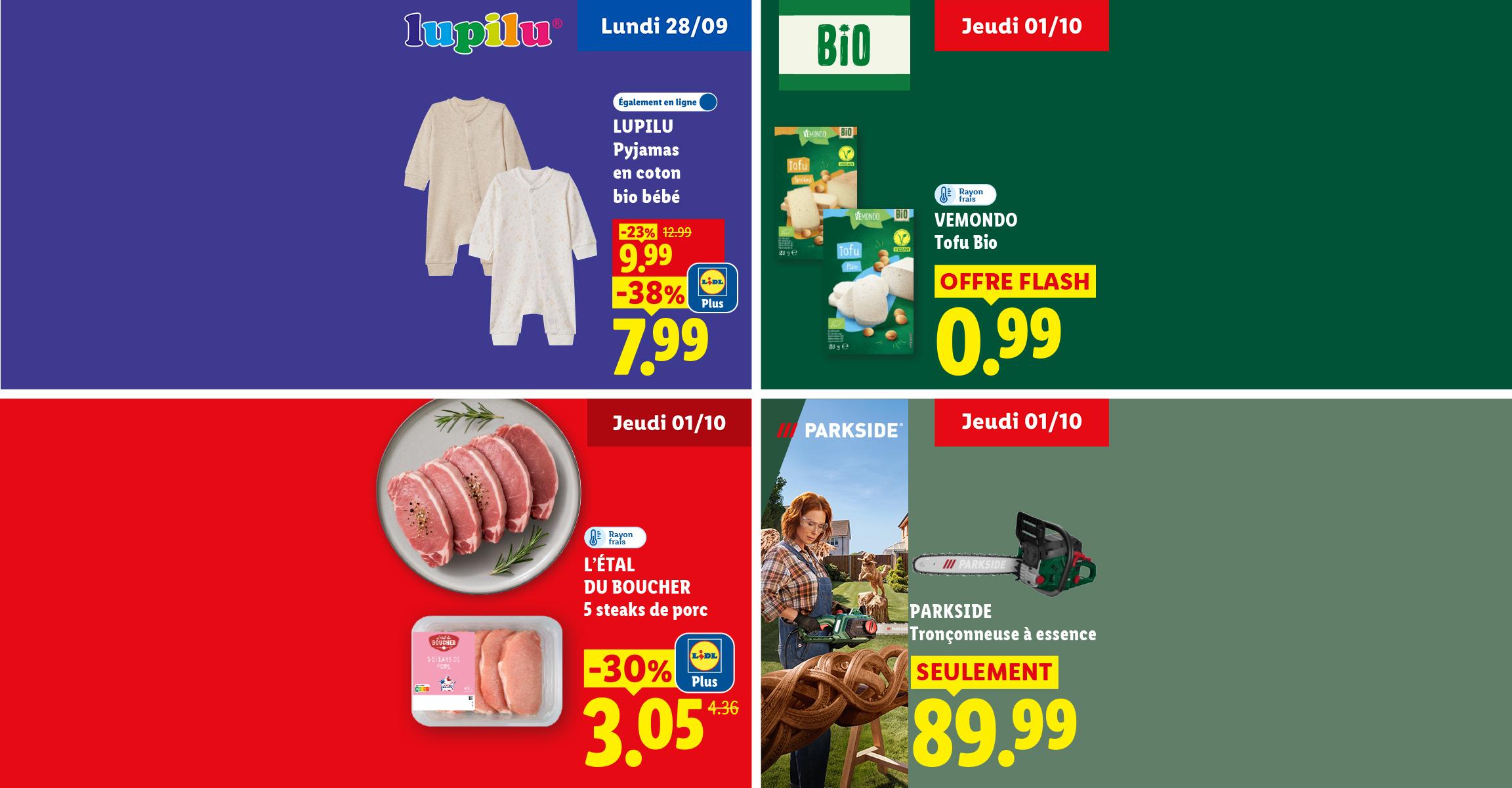 Des pyjamas en coton bio bébé, du tofu bio, 5 steaks de porc et une tronçonneuse à essence