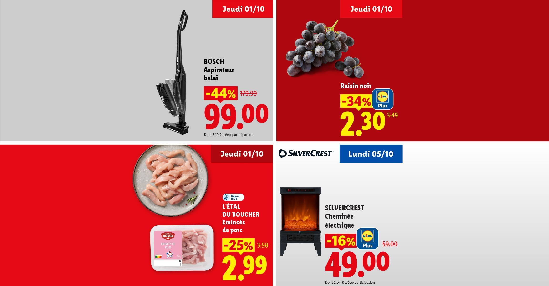 Un aspirateur balai, des raisins noirs, des émincés de porc et une cheminée électrique