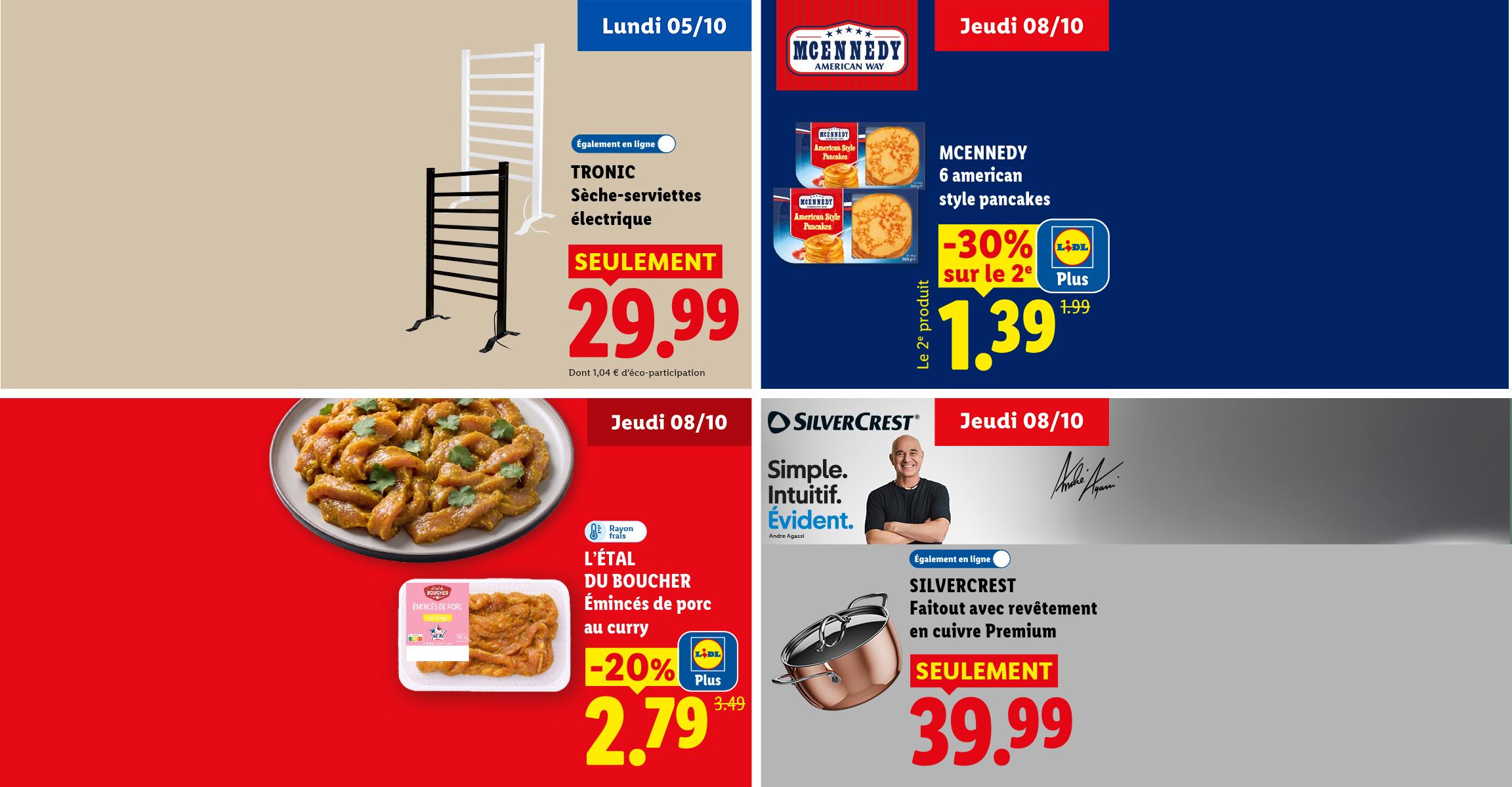 Un sèche-serviettes électrique,6 american style pancakes, des émincés de porc au curry et un faitout avec revêtement en cuivre Premium