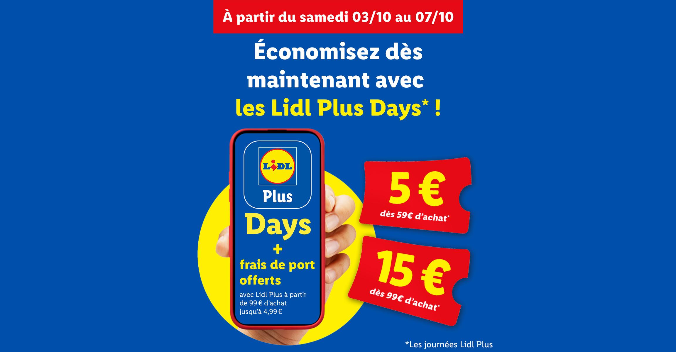 Bannière publicitaire bleue annonçant des réductions et la livraison gratuite dès 59 € d'achat.