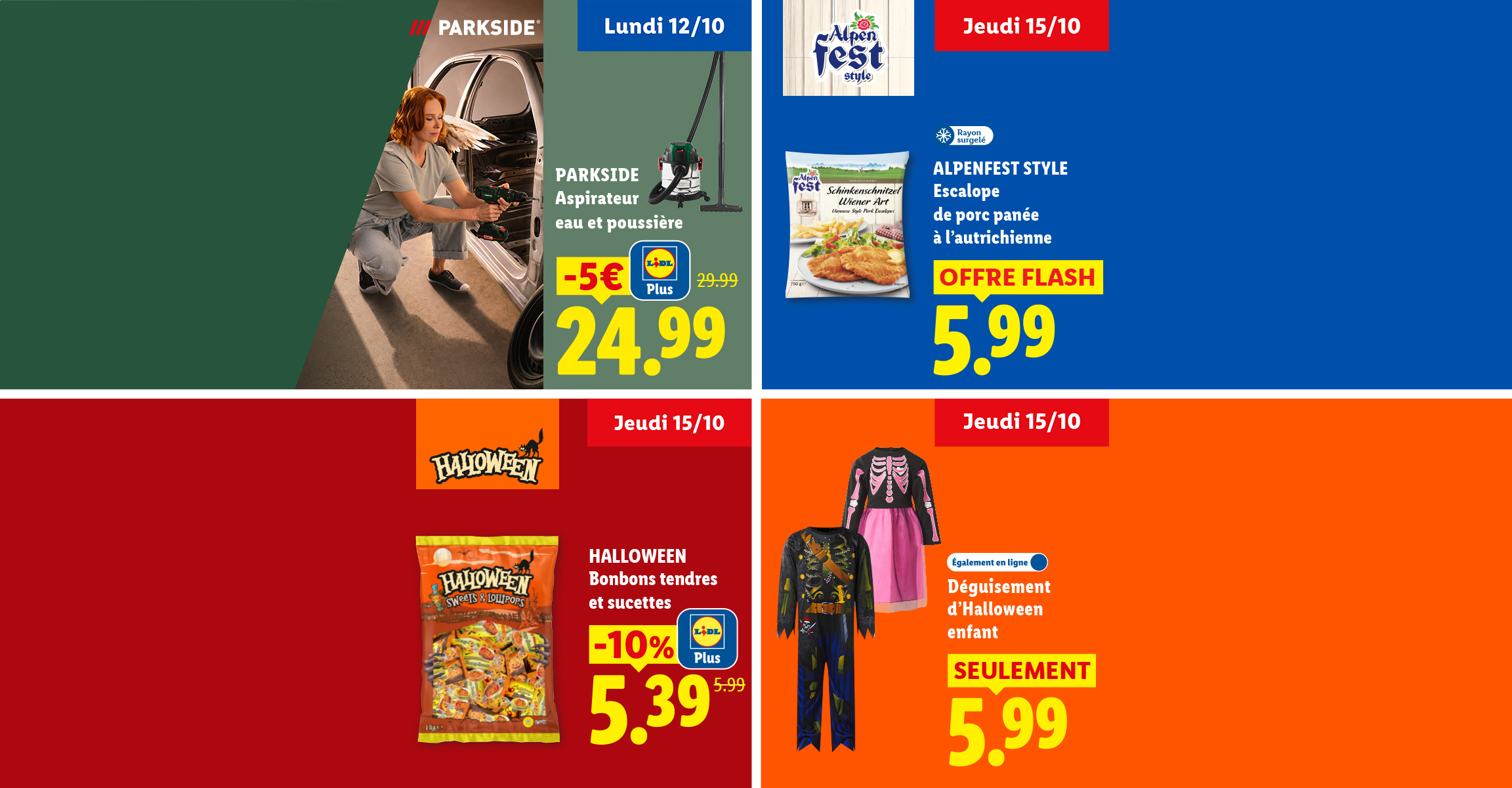 Catalogue promotionnel avec aspirateur, escalopes de porc, bonbons et déguisements d'Halloween.