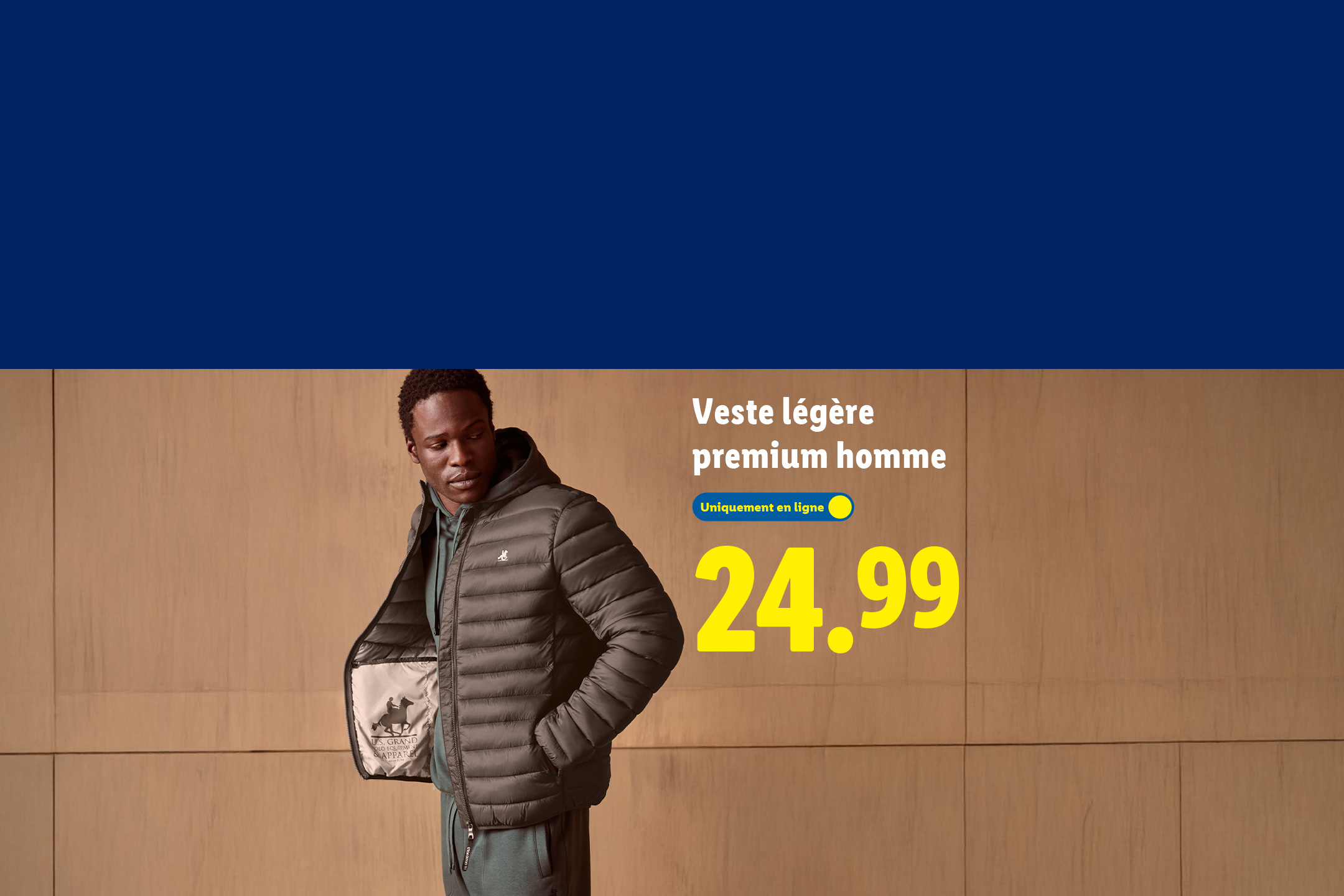 Veste légère premium homme à 24.99€, disponible uniquement en ligne.