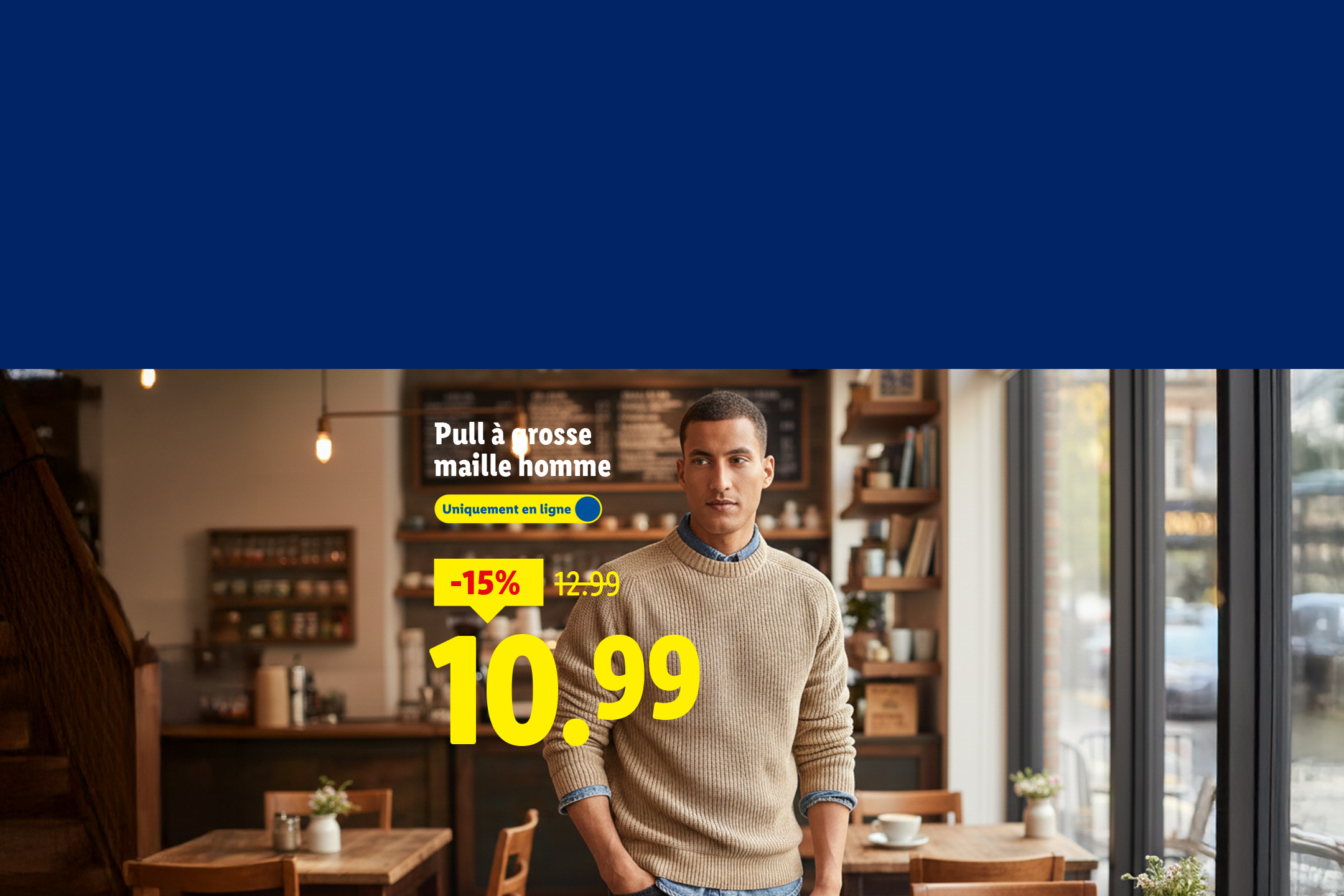 Pull à grosse maille homme, -15% à 10.99€, disponible uniquement en ligne.