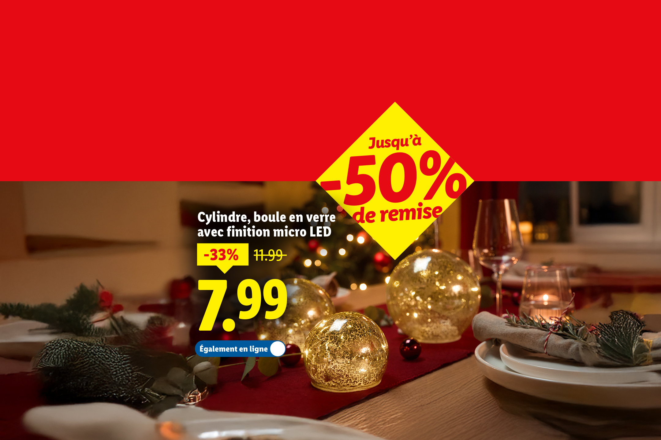 Décorations de table de Noël avec cylindres et boules en verre micro LED, en promotion.