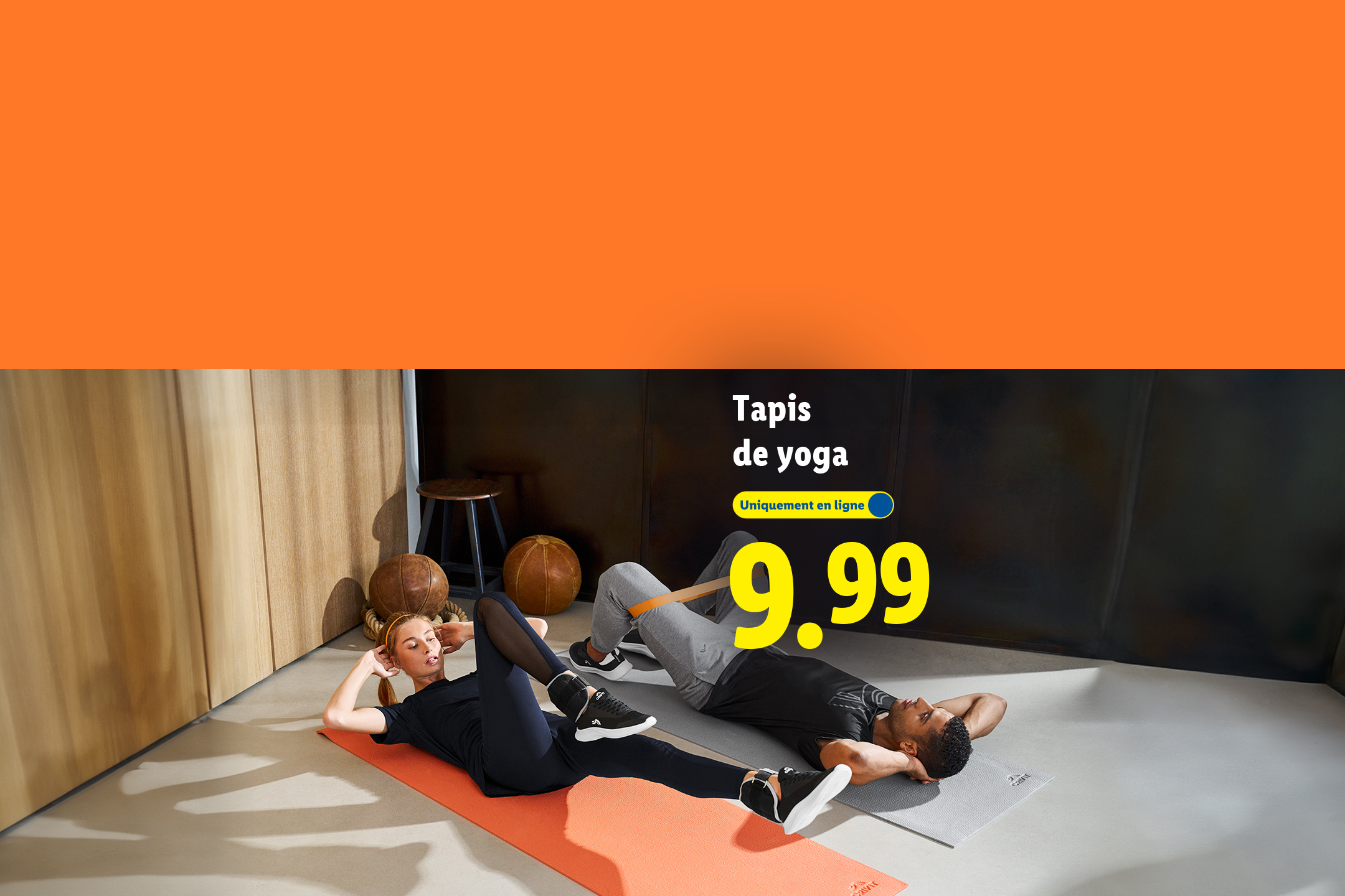 Deux personnes faisant des abdominaux sur des tapis de yoga, avec le texte 'Tapis de yoga' et '9.99'.