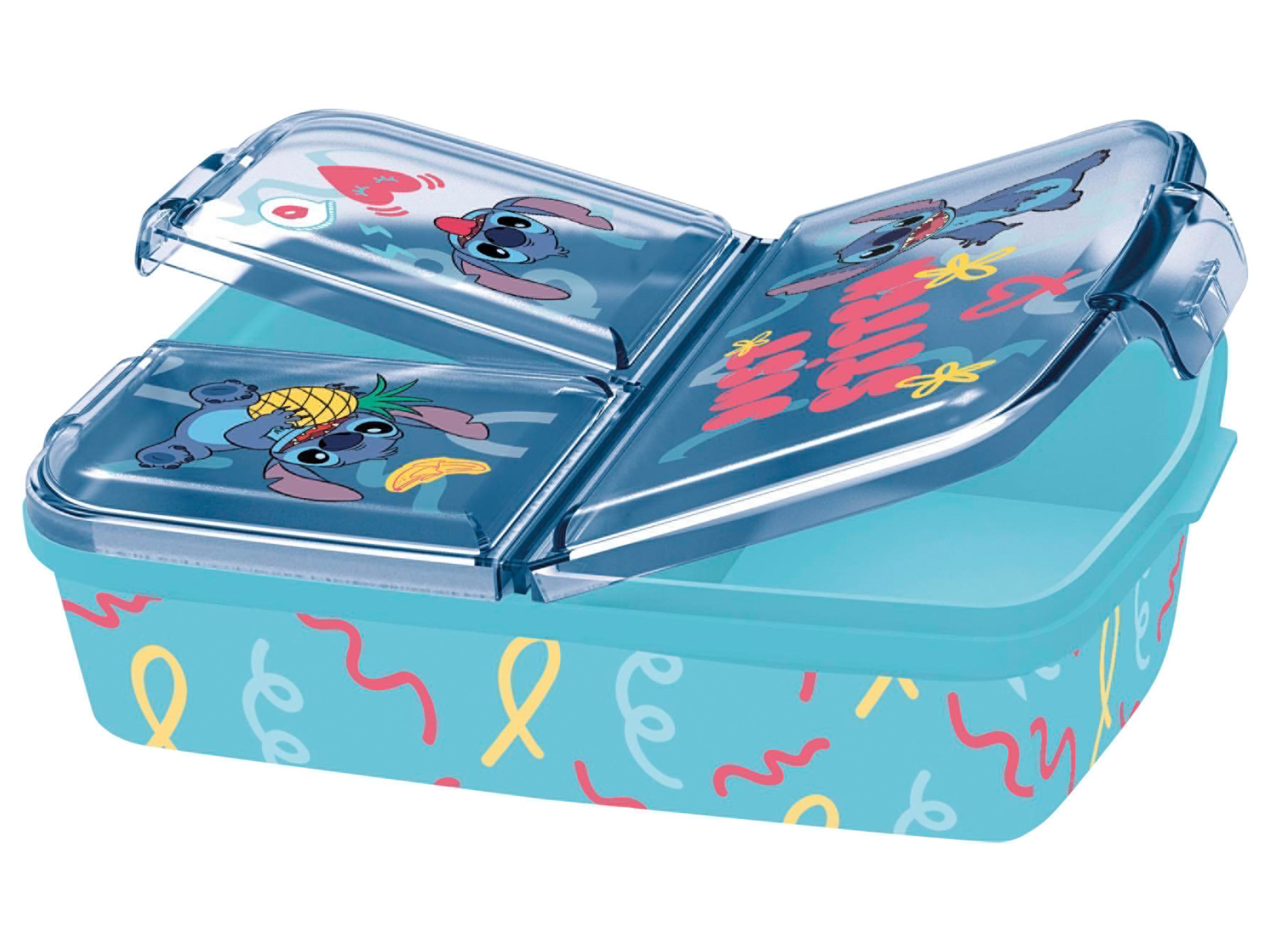 Boîte à lunch bleue avec des compartiments et des motifs de Stitch et des confettis.