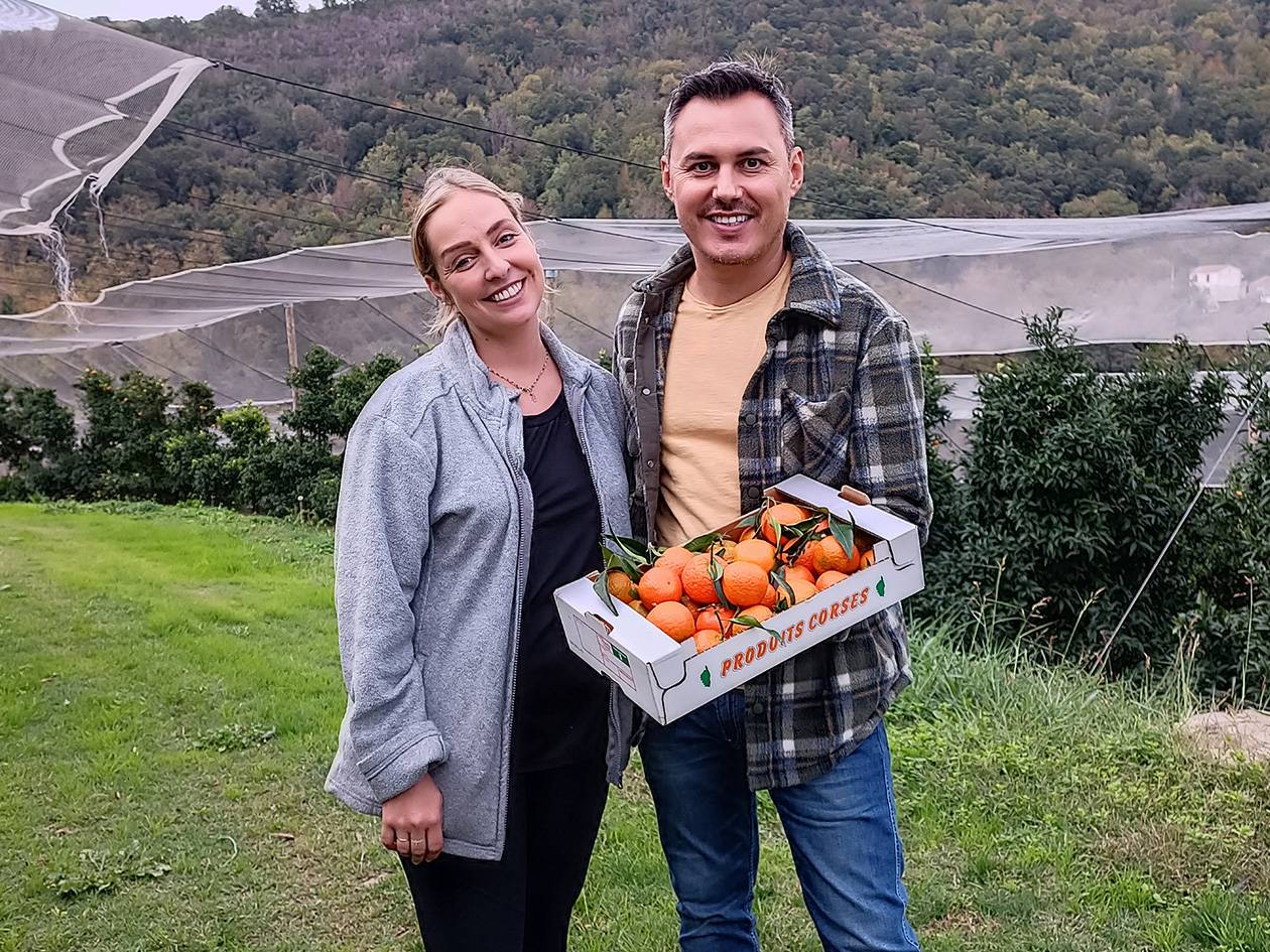 Deux personnes souriantes tenant une boîte de mandarines dans un verger.