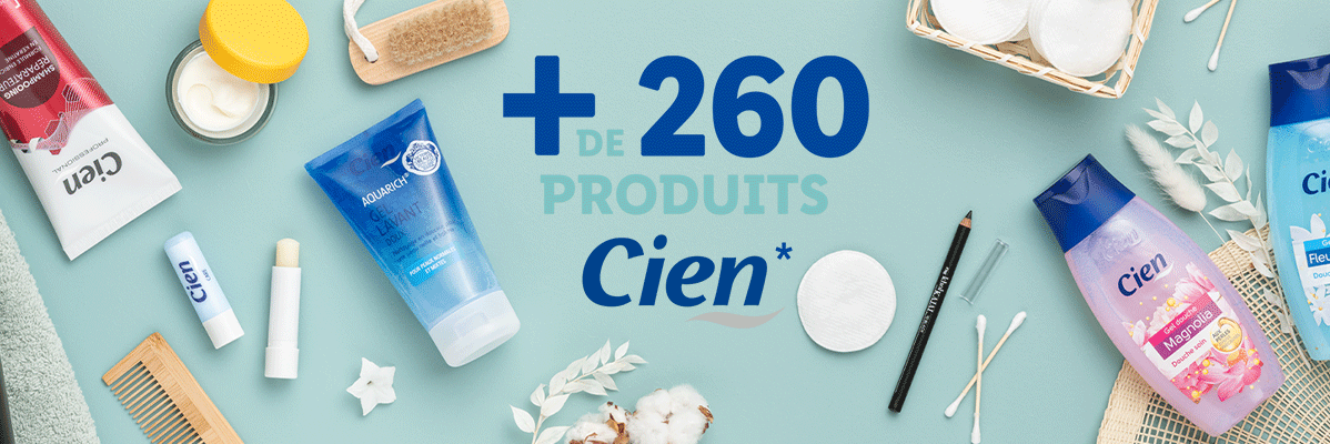 Produits Cien : crème visage, shampoing, gel douche, +260 produits.