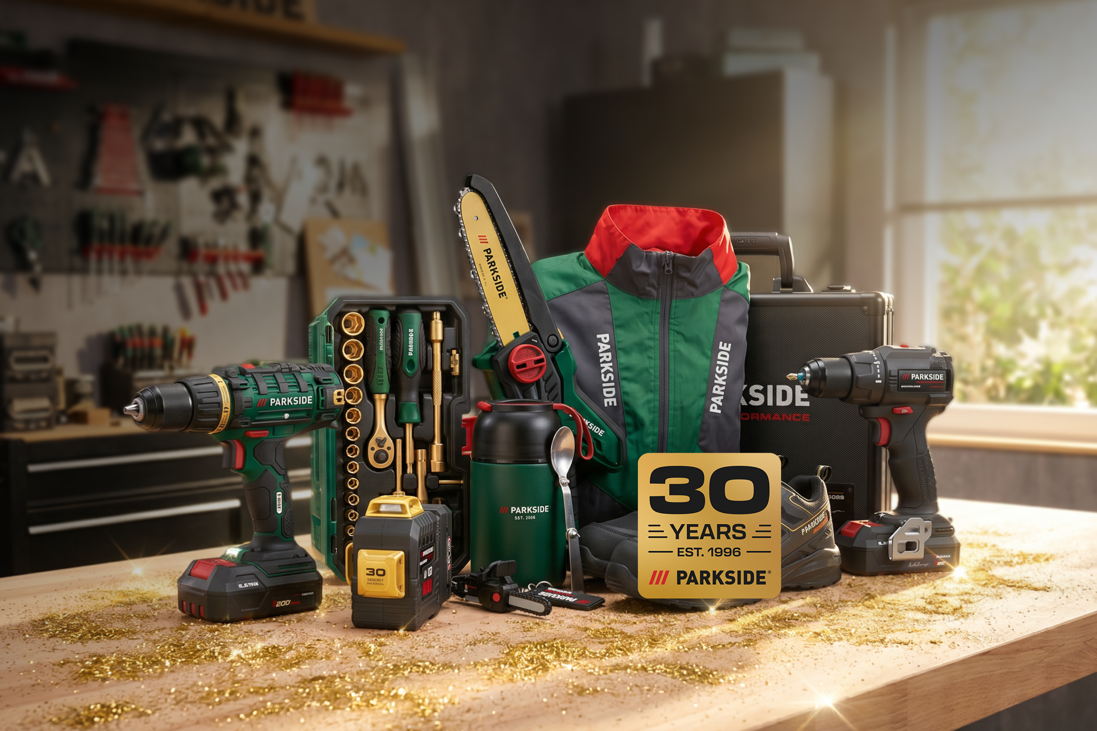 aiLabeling.aiLabelForImageAltText: Outils électriques et accessoires sur une surface en bois avec un logo '30 ans'.