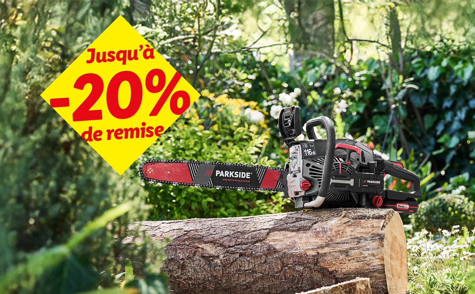 Tronçonneuse sur une bûche avec une promotion de -20%.