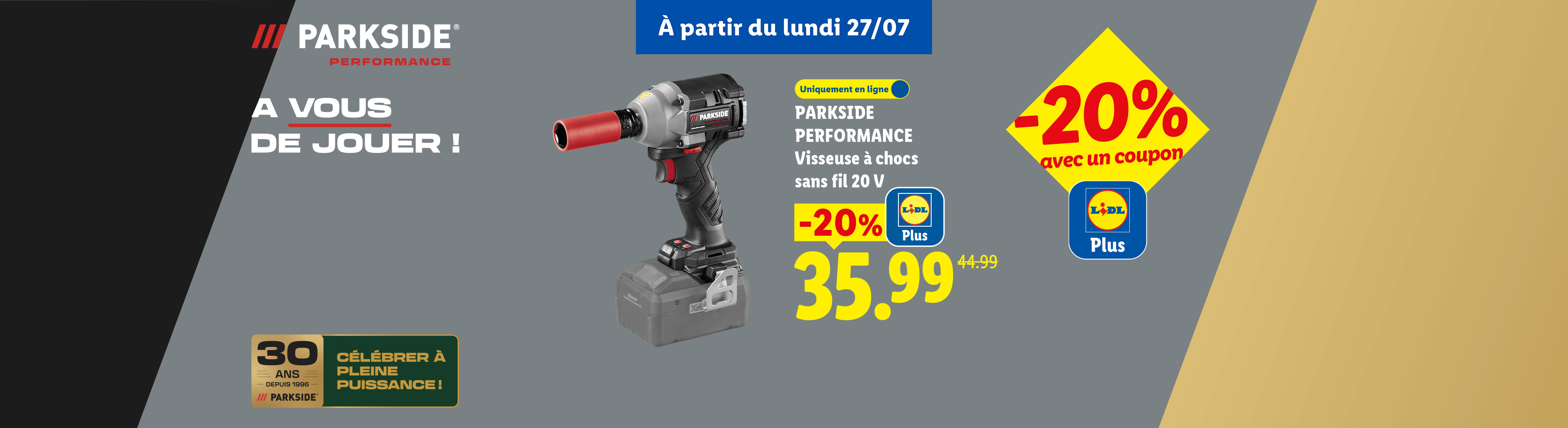 Publicité pour une visseuse à chocs sans fil 20V, disponible en ligne à 35,99€ avec un coupon de -20%.